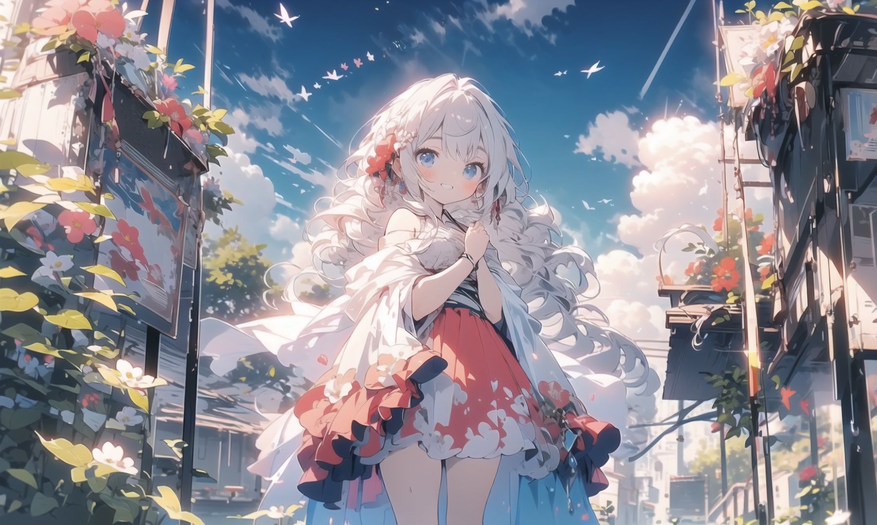 ,(best quality:1),masterpiece,1girl,(very long Shawl curly hair::1.5),flower,Slender legs,finely detail,masterpiece,(best quality:1),official art,extremely detailed CG unity 32k wallpaper,ultra-detailed,highres,Expose breasts,extremely detailed beautiful detailed girl,outdoors,sweet_lolita,blue eyes,Beautiful  blue eyes,Lovely face,(white hair:1),happy,laughing,loli,kahuka1,flowers,,white hair,earings,cinematic lighting,red clothes,midjourney,nijistyle,cozy anime,Pink Mecha,fairy tale girl, <lora:EMS-4414-EMS:0.9>, <lora:EMS-8096-EMS:0.5>, <lora:EMS-7147-EMS:0.4>