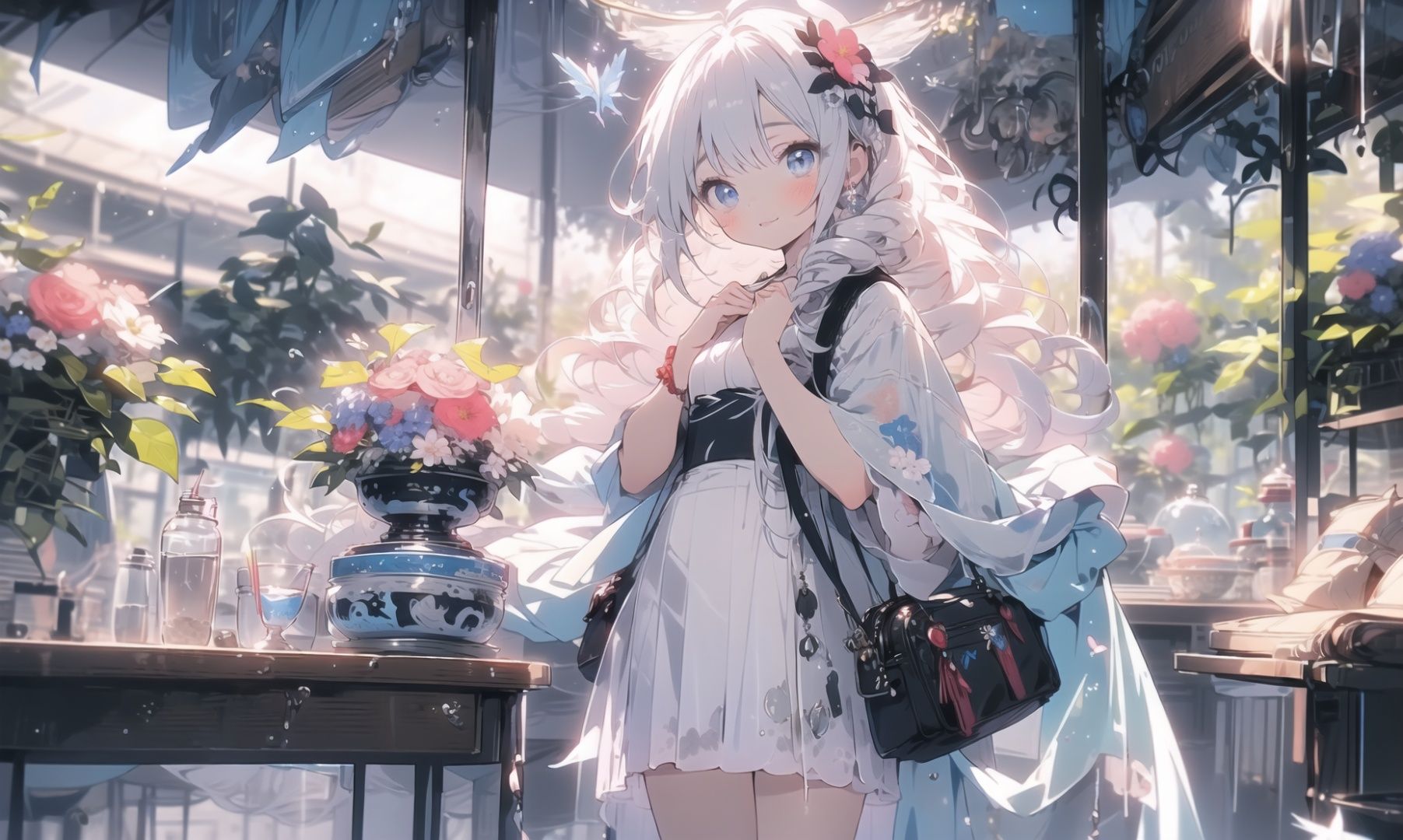 ,(best quality:1),masterpiece,1girl,(very long Shawl curly hair::1.5),flower,Slender legs,finely detail,masterpiece,(best quality:1),official art,extremely detailed CG unity 32k wallpaper,ultra-detailed,highres,Expose breasts,extremely detailed beautiful detailed girl,outdoors,sweet_lolita,blue eyes,Beautiful  blue eyes,Lovely face,(white hair:1),happy,laughing,loli,kahuka1,flowers,,white hair,earings,cinematic lighting,red clothes,midjourney,nijistyle,cozy anime,Pink Mecha,fairy tale girl, <lora:EMS-4414-EMS:0.9>, <lora:EMS-8096-EMS:0.5>, <lora:EMS-7147-EMS:0.4>