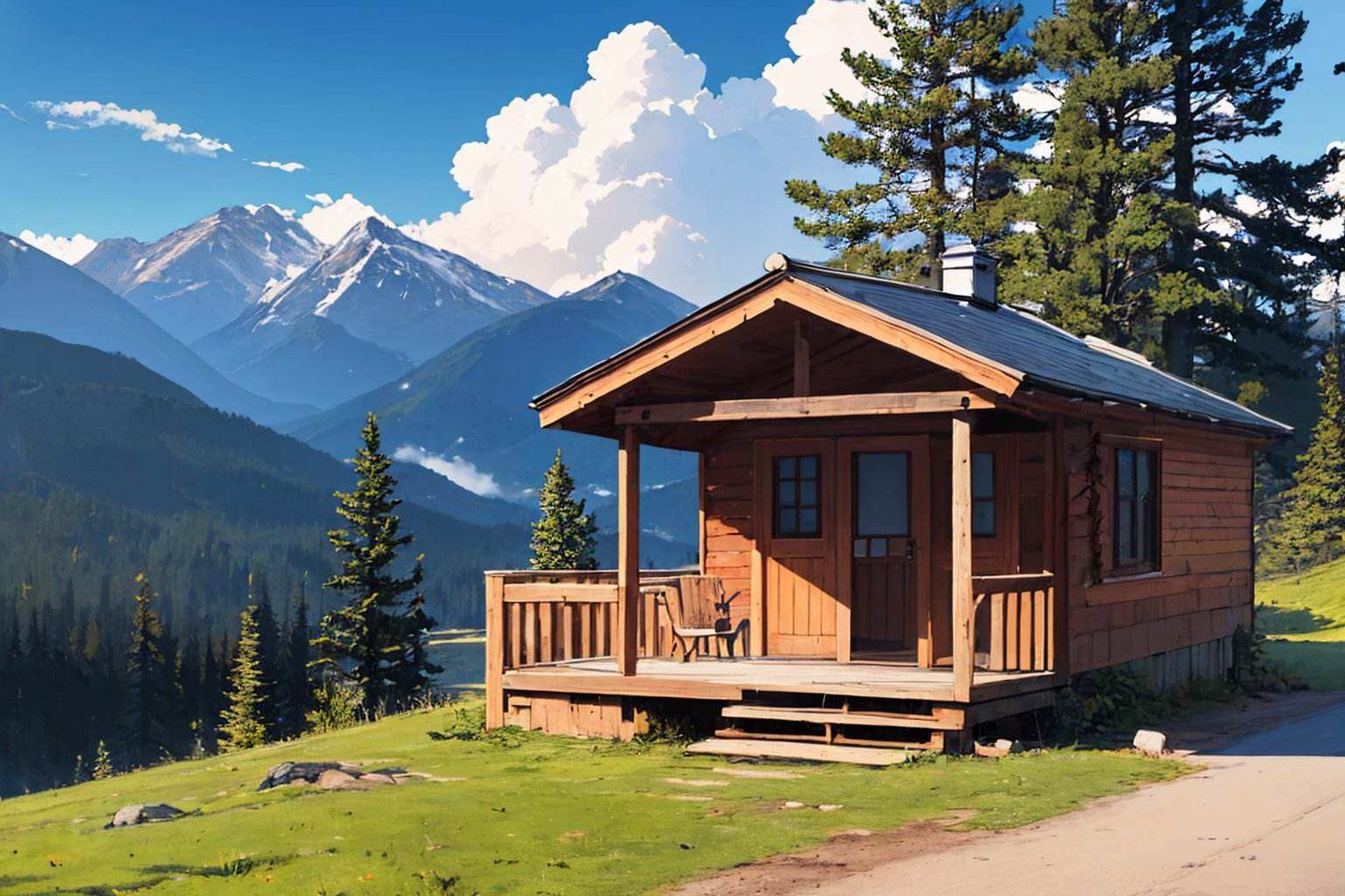 wide shot,  cabin,  pine tree on Tensor.Art