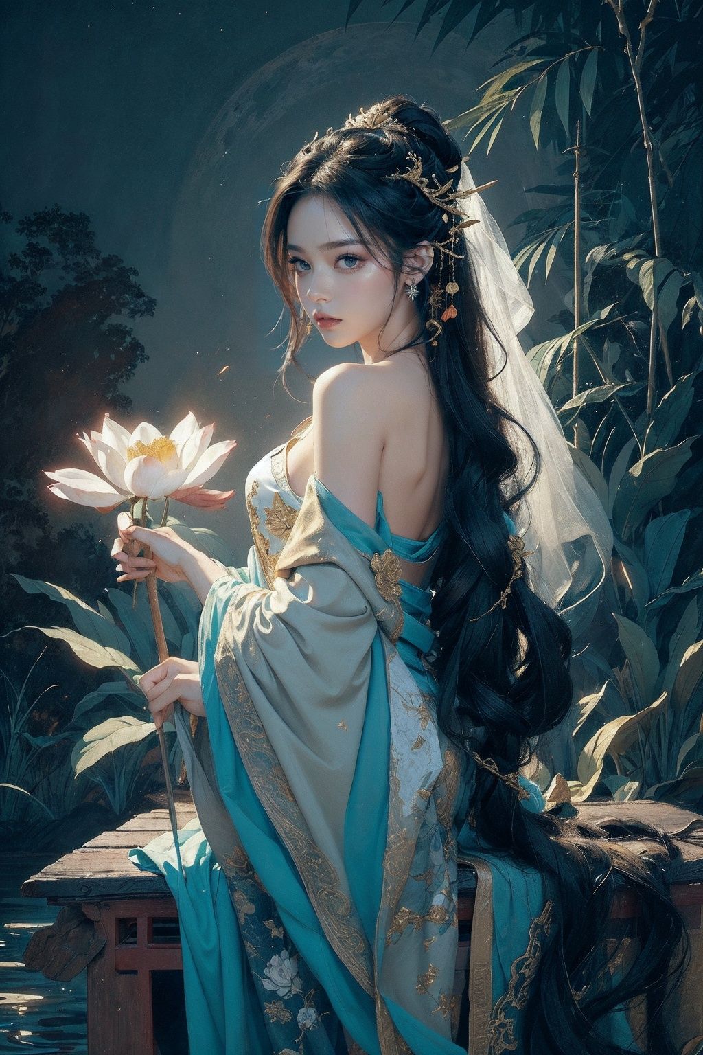 (1girl:1.4), solo,((night:1)), ((dark woods:1)), (moody  lighting), ((nude:0.75)),(((small breasts:1))), ((nymphaea:1,3)), (Glowing ambiance, enchanting radiance, luminous lighting, ethereal atmosphere, mesmerizing glow, evocative hues, captivating coloration, dramatic lighting, enchanting aura), (a girl sitting on a bench in a field of flowers, palace, a girl in hanfu, instagram contest winner, in water up to her shoulders, standing gracefully upon a lotus, inspired by Hua Yan, high priestess tarot card, full-cosplay, nymphaea), ink painting, ((moon:1)),  (masterpiece, top quality, best quality, official art, beautiful and aesthetic:1.2), extreme detailed, (chinese style:1.2),theater dance scene,(hypermaximalistic:1.5),colorful,highest detailed,<lora:anxiang:0.55>,
