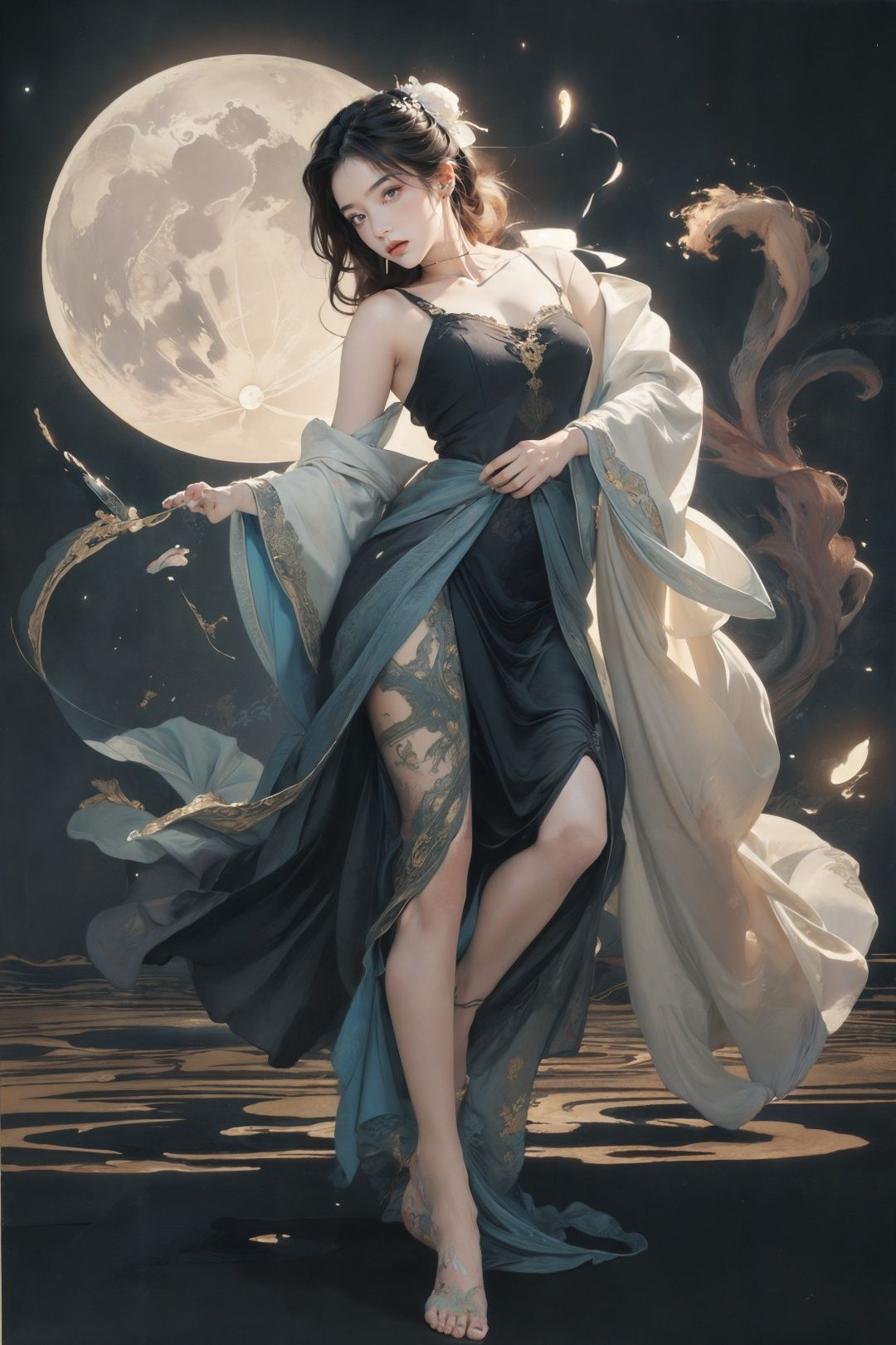 ink painting, ((moon:1)), (bare feet:1), (masterpiece, top quality, best quality, official art, beautiful and aesthetic:1.2), (1girl:1.4), extreme detailed,(joshua middleton comic cover art:1.1), (Action painting:1.2),(concretism:1.2),theater dance scene,(hypermaximalistic:1.5),colorful,highest detailed,<lora:anxiang:0.55>,
