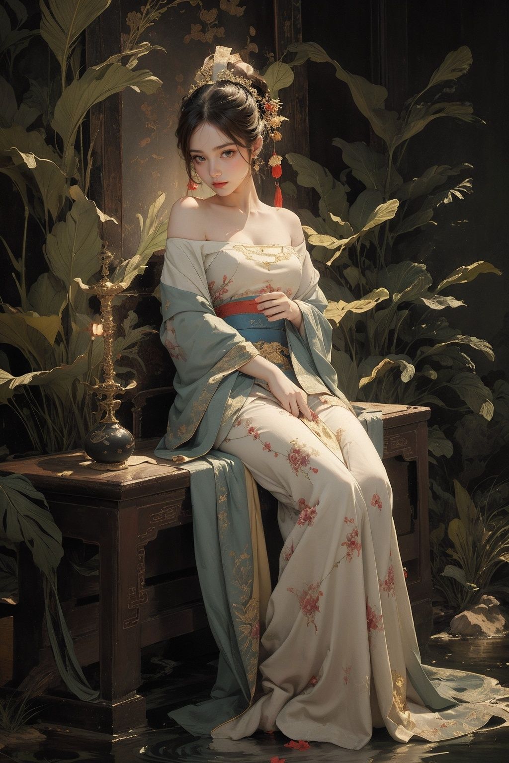 (((cinematic lighting, depth of field, motion blur, motion lines))),(1girl:1.4), solo,((night:1)), ((dark woods:1)), (moody  lighting), ((nude:0.75)),(((small breasts:1))), ((nymphaea:1,3)), (Glowing ambiance, enchanting radiance, luminous lighting, ethereal atmosphere, mesmerizing glow, evocative hues, captivating coloration, dramatic lighting, enchanting aura), (a girl sitting on a bench in a field of flowers, palace, a girl in hanfu, instagram contest winner, in water up to her shoulders, standing gracefully upon a lotus, inspired by Hua Yan, high priestess tarot card, full-cosplay, nymphaea), ink painting, ((moon:1)),  (masterpiece, top quality, best quality, official art, beautiful and aesthetic:1.2), extreme detailed, (chinese style:1.2),theater dance scene,(hypermaximalistic:1.5),colorful,highest detailed,<lora:anxiang:0.55>,