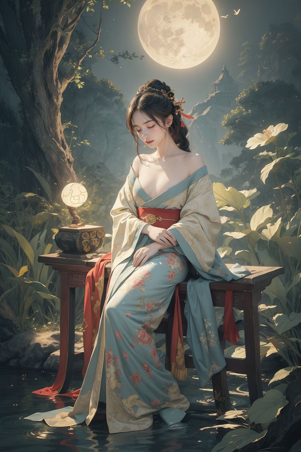 (1girl:1.4), solo,((nude:0.75)),(((small breasts:1))), ((nymphaea:1,3)), (Glowing ambiance, enchanting radiance, luminous lighting, ethereal atmosphere, mesmerizing glow, evocative hues, captivating coloration, dramatic lighting, enchanting aura), (a girl sitting on a bench in a field of flowers, palace, a girl in hanfu, instagram contest winner, in water up to her shoulders, standing gracefully upon a lotus, inspired by Hua Yan, closing eyes, high priestess tarot card, full-cosplay, nymphaea), ink painting, ((moon:1)),  (masterpiece, top quality, best quality, official art, beautiful and aesthetic:1.2), extreme detailed, (chinese style:1.2),theater dance scene,(hypermaximalistic:1.5),colorful,highest detailed,<lora:anxiang:0.55>,
