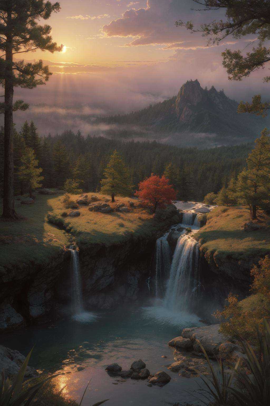 deep in a red tinted pine forest at dusk, foggy, ground view, matte painting, rocky, waterfall in distance, stunning detail, 4k, hd, clean, full of detail, sharp focus, rule of thirds by Makoto Shinkai, thomas kinkade, Karol Bak, trending on artstation  <lora:better-bg-001:0.5:KEEPBG>