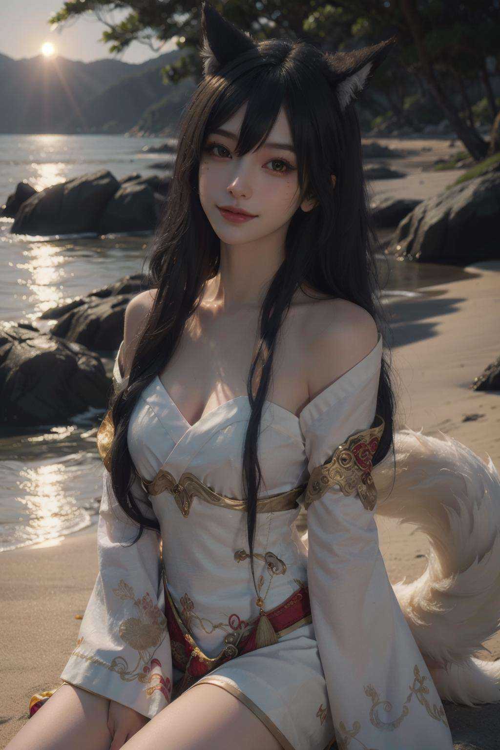 Best quality, masterpiece, ultra high res, (photorealistic:1.4), raw photo, 1girl,AHRI_COSPLAY, WHITE TAILS, BLACK LONG HAIR, YELLOW EYES, look at viewer, full body, warm smile,seaside, Golden hour makes everything warm and romantica beautiful woman, golden hour, rim lighting, warm tones, sun flare, soft shadows, vibrant colors, hazy glow, painterly effect, dreamy atmosphere<lora:80s Japan 2:0.4:PALETTE> <lora:OC:0.5:BODY0.5> <lora:Ahri_Cosplay:1> <lora:epiNoiseoffset_v2:0.5>  <lora:better-bg-001:0.3:KEEPBG>