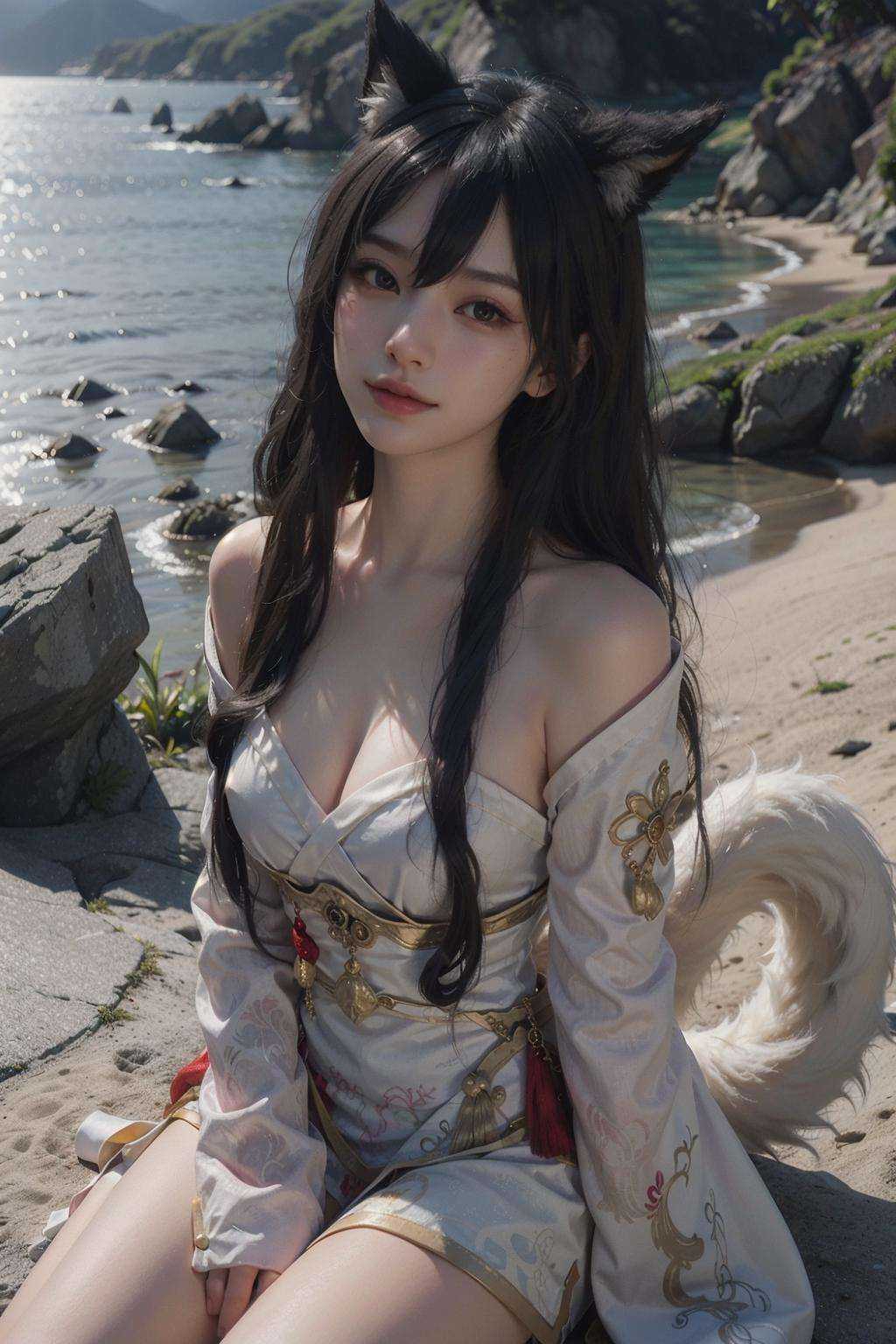 Best quality, masterpiece, ultra high res, (photorealistic:1.4), raw photo, 1girl,AHRI_COSPLAY, WHITE TAILS, BLACK LONG HAIR, YELLOW EYES, look at viewer, full body, warm smile,seaside, Golden hour makes everything warm and romantica beautiful woman, golden hour, rim lighting, warm tones, sun flare, soft shadows, vibrant colors, hazy glow, painterly effect, dreamy atmosphere<lora:80s Japan 2:0.4:PALETTE> <lora:OC:0.5:BODY0.5> <lora:Ahri_Cosplay:1> <lora:epiNoiseoffset_v2:0.5>  <lora:better-bg-002:0.3:KEEPBG>