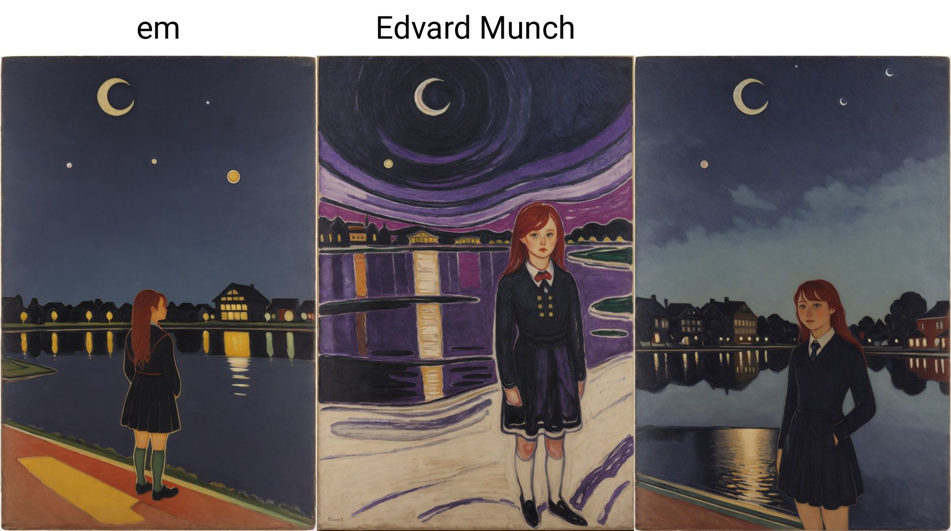 em, <lora:eee:1>,1girl,modern city,standing,red hair,school uniform,sky,moon,lake,night,outdoors