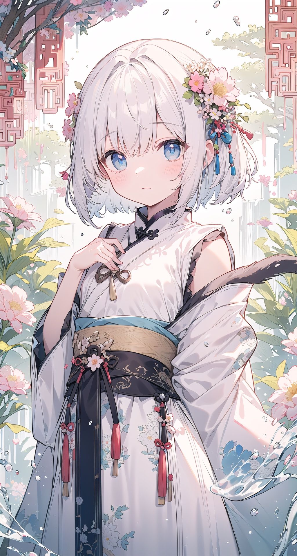 (((masterpiece))),best quality,watercolor,arms behind back,(((illustration)),((Chinese_style)),

(((beautiful detailed girl))),small chest,cat,tea,

((delicate cute face)),blue_eyes,watery_eyes,

bob_cut,white_hair,flower,

(hanfu),silky,pink,luxuriant,layered dress,

(in_spring),beautiful_landscape,light particles,