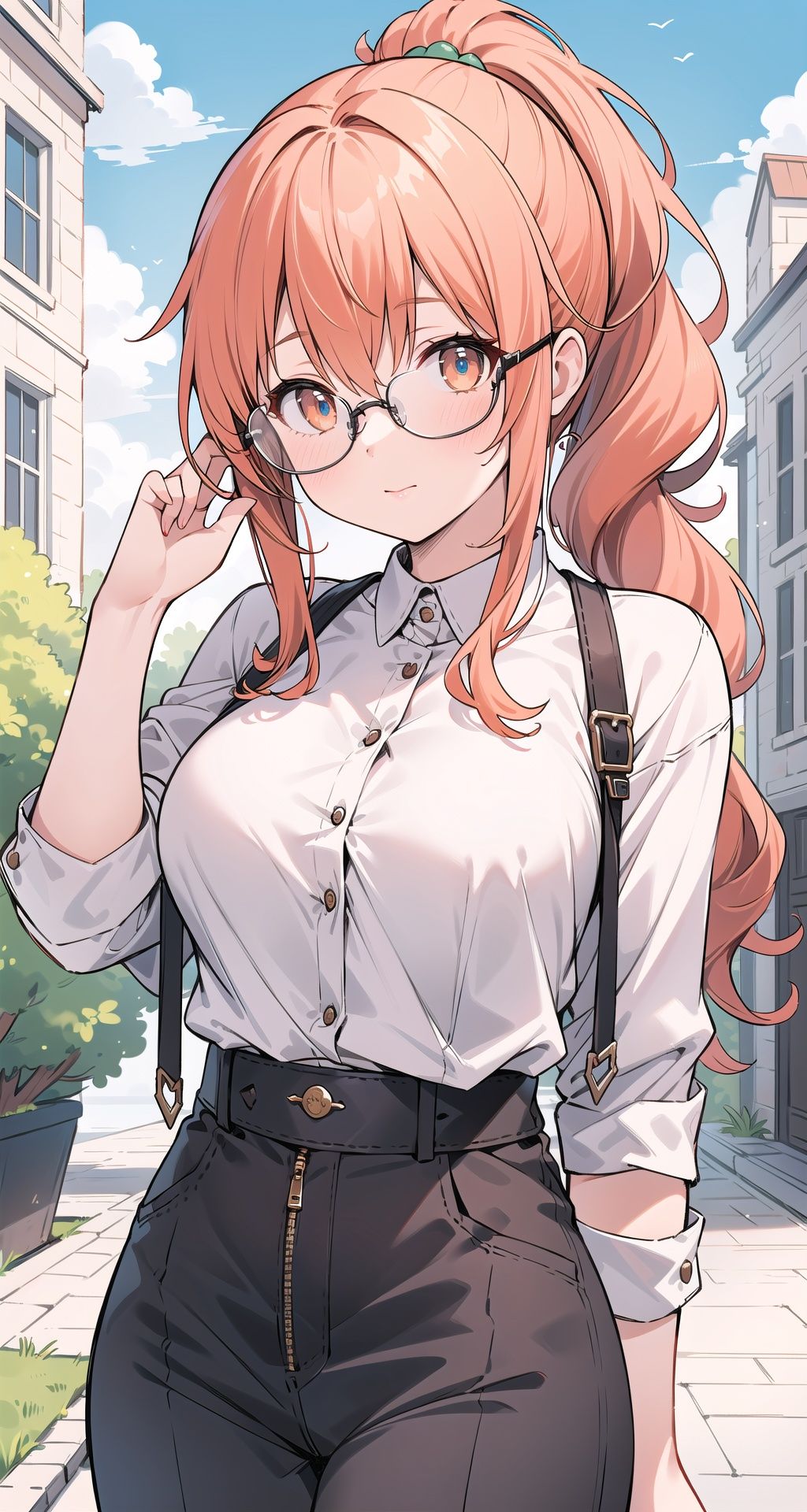 masterpiece,best quality,1girl,long hair,wavy hair,low ponytail,orange hair,large breasts,close-up,outdoors,glasses,alternate costume,