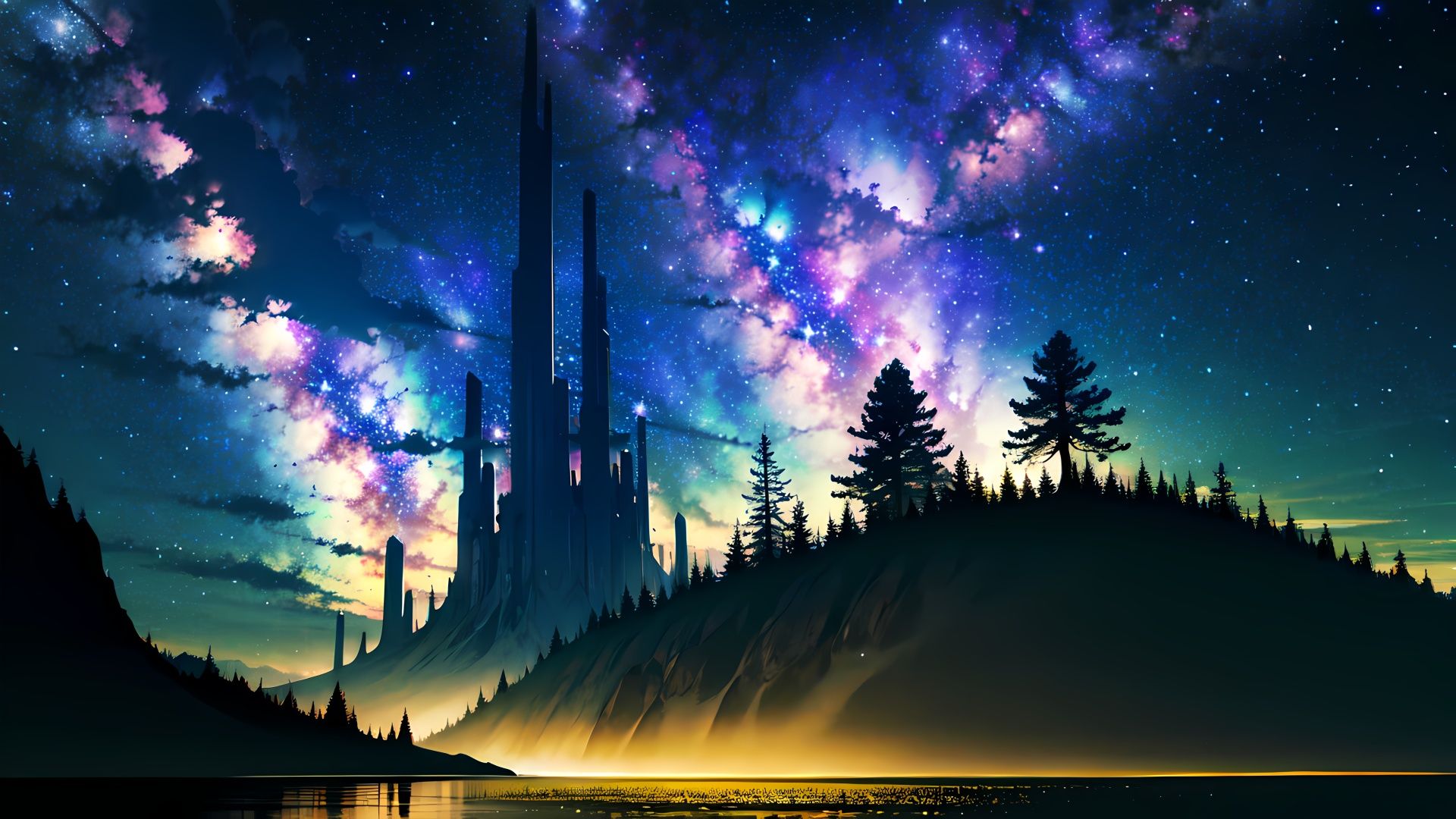 galaxy sky,  big tree,  dramatic atmosphere on Tensor.Art