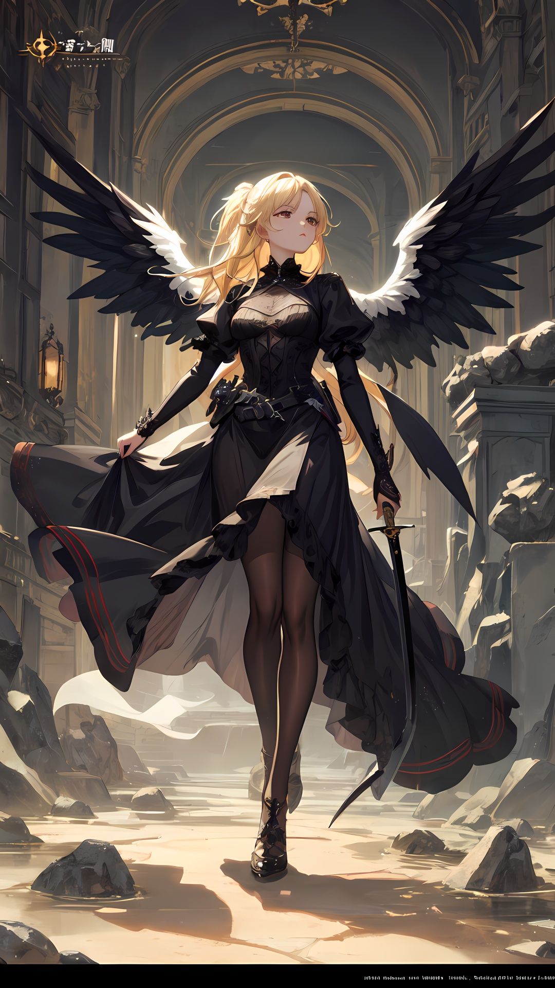Full body,  a detailed fallen female angel,  black clothing on Tensor.Art