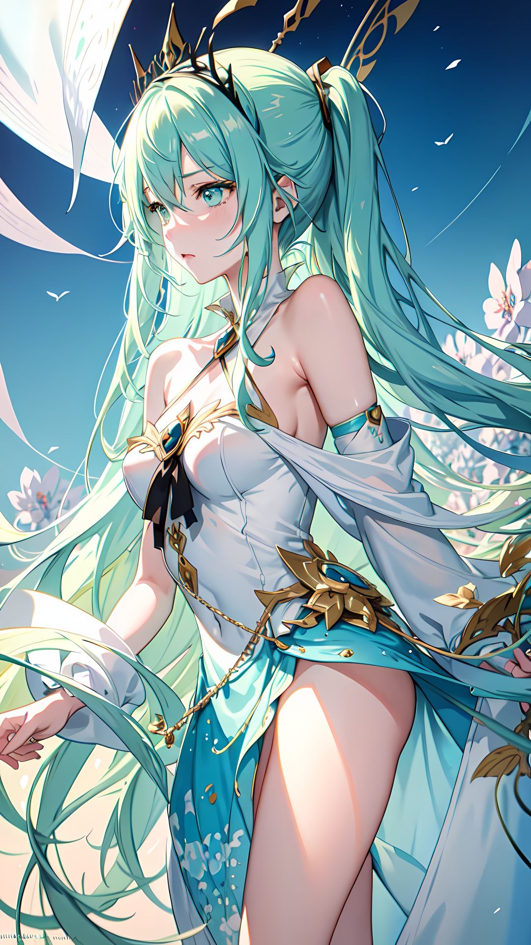 anime Miku (contrapost),  line art watercolor wash,  ethereal background on Tensor.Art