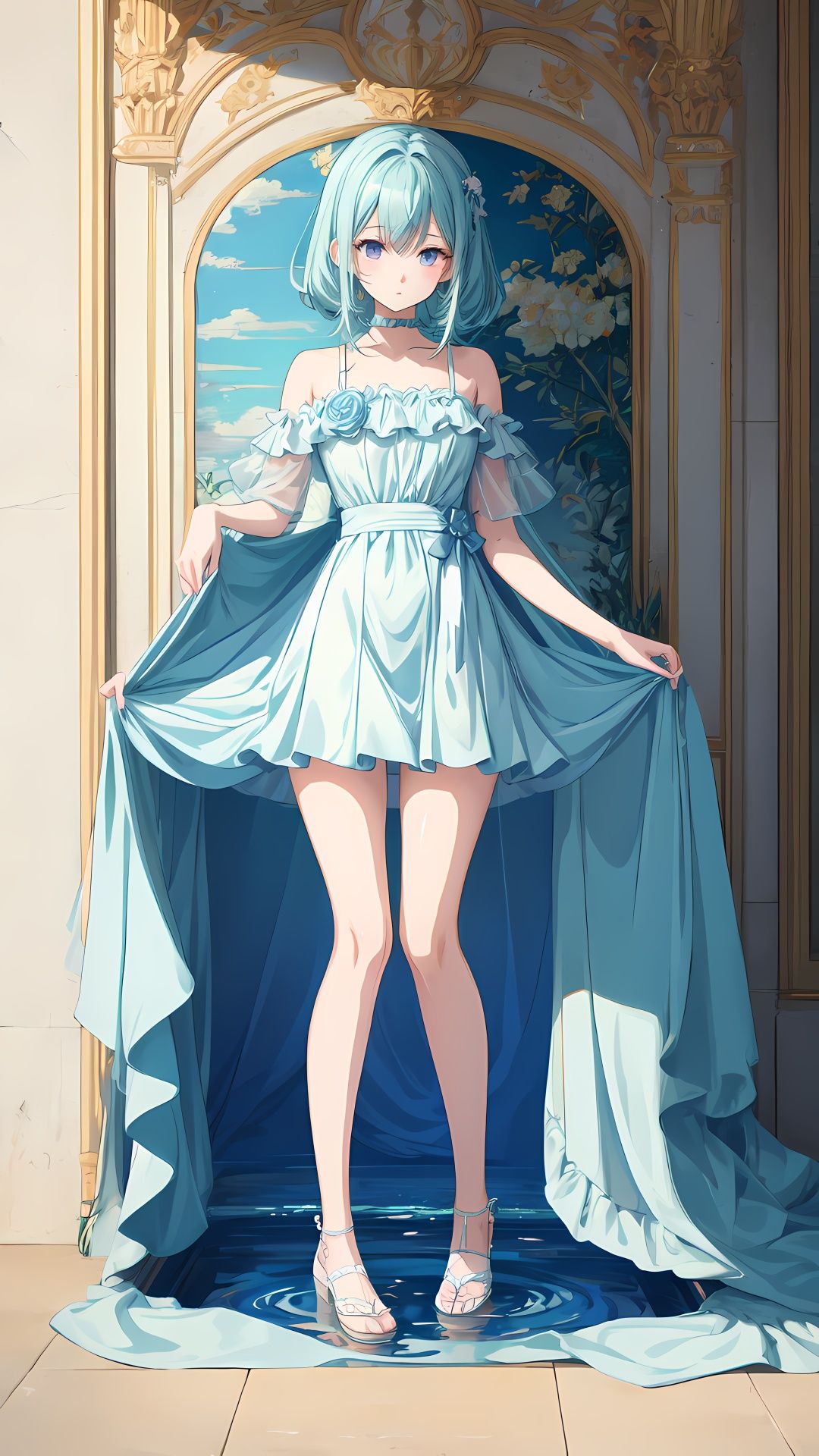 Full body,  minimal art line and fine art involved color pastel to look like a poster attractive women into the pool on Te...