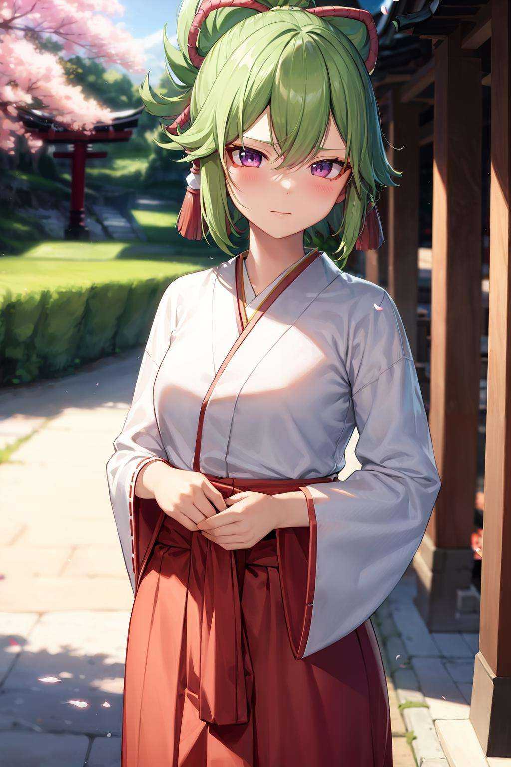 masterpiece, best quality,  <lora:KukiShinobu:1>,1girl, solo, miko, japanese clothes, purple eyes,red bow,hair bow, green hair, hakama, wide sleeves, cherry blossoms, outdoors, hair between eyes, bangs, skirt, alternate costume, ribbon-trimmed sleeves, ribbon trim, long sleeves, red hakama, blurry, sidelocks, blurry background, ponytail, closed mouth, hakama skirt, kimono, petals, shrine, torii