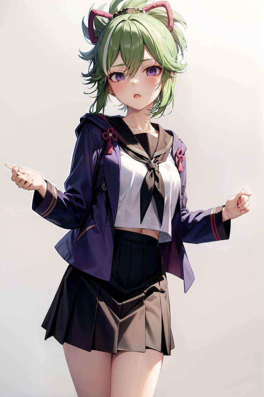 masterpiece, best quality,  <lora:KukiShinobu:1>,1girl, mask, skirt, purple eyes, green hair, solo, mouth mask, school uniform, purple jacket, jacket, cropped legs, black skirt, serafuku, bangs, black mask, pleated skirt, holding, sailor collar, hair between eyes, ponytail, neckerchief, looking at viewer, long sleeves, hood, alternate costume, open clothes, grey background, simple background