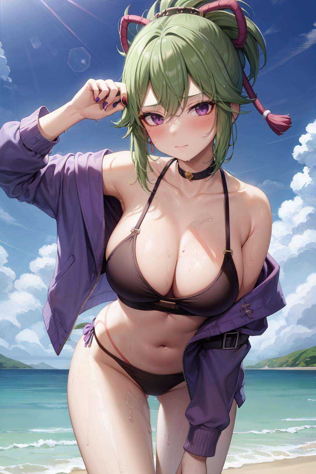 masterpiece, best quality,  <lora:KukiShinobu:1>,1girl, kuki shinobu, breasts, solo, beach, green hair, jacket, purple jacket, navel, outdoors, purple eyes, looking at viewer, cleavage, thighs, hat, day, off shoulder, sky, stomach, rope, bangs, bird, long sleeves, baseball cap, open jacket,  choker, ocean, black headwear, collarbone, bare shoulders, cowboy shot, black choker, sweat, wet, medium breasts, ponytail, blue sky, open clothes, blush, crop top, body markings, water, standing, sand, shimenawa, hair between eyes, underwear, cloud, alternate costume, hand on headwear, mouth hold, swimsuit, sidelocks, whistle, midriff, adjusting clothes, panties, arm up, nail polish, closed mouth, bikini, see-through, long hair, leaning forward, hair ornament, hand up, sports bra, purple nails, short ponytail, large breasts, tattoo