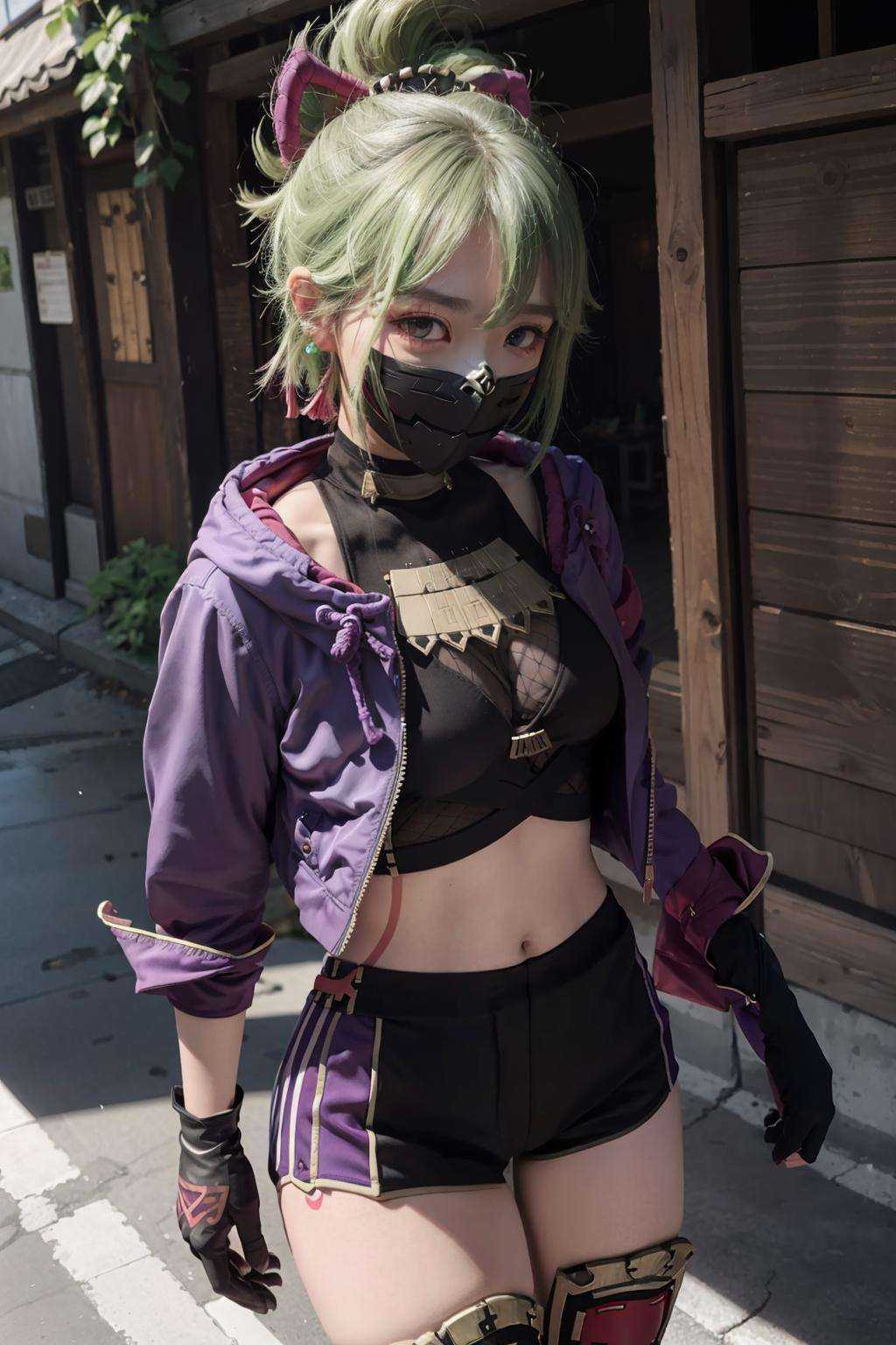 masterpiece, best quality,  <lora:KukiShinobu:1>,1girl,solo,kuki shinobu,mouth mask,ninja mask,green hair,ponytail,hair ornament, purple eyes, gloves,purple jacket,cropped jacket,hood,crop top, navel,body markings.short shorts, thighhighs, fishnets, 