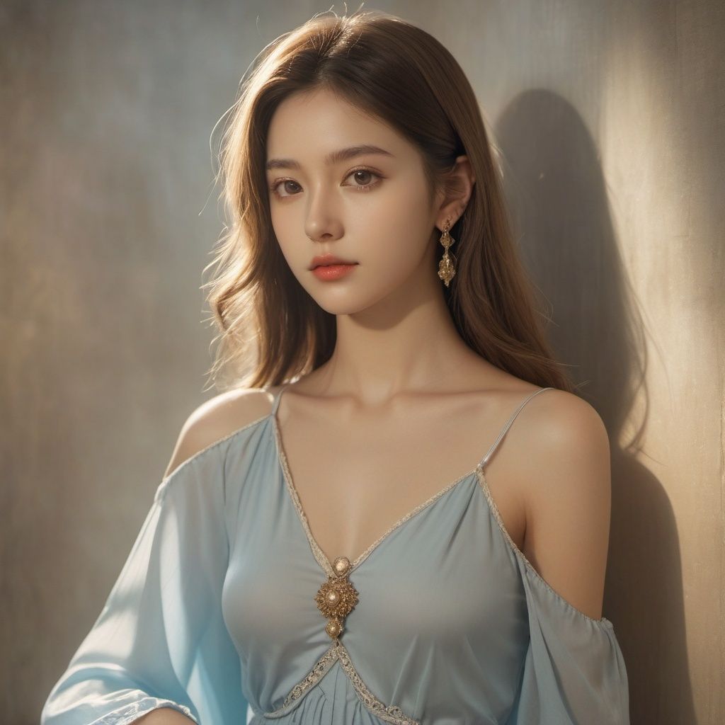 a 18 years old pretty girl with long hair and super cute sundress with a love neckline,  photorealistc,  light smile on Te...
