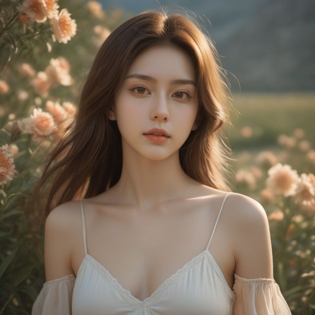 a 18 years old pretty girl with long hair and super cute sundress with a love neckline,  photorealistc,  light smile on Te...
