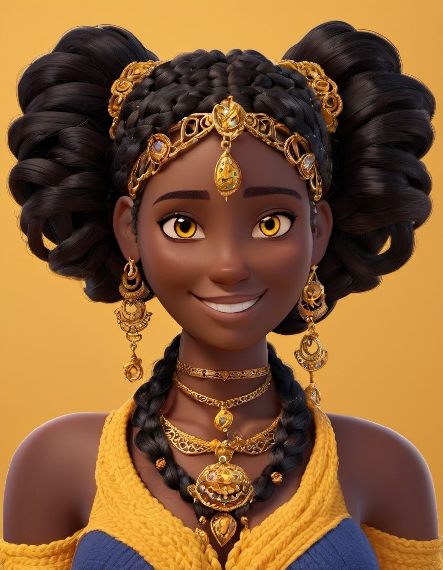 3D style, 1girl, jewelry, solo, dark skin, dark-skinned female, long hair, earrings, necklace, black hair, looking at viewer, braid, yellow eyes, brown eyes, smile, lips <lora:3d_render_style_xl:0.8> 