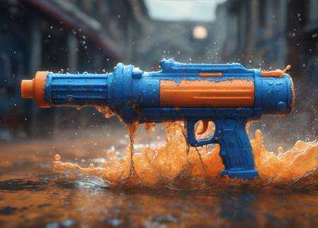 a blue and orange toy watergun made of splashes of water,  realistic,  desolate on Tensor.Art