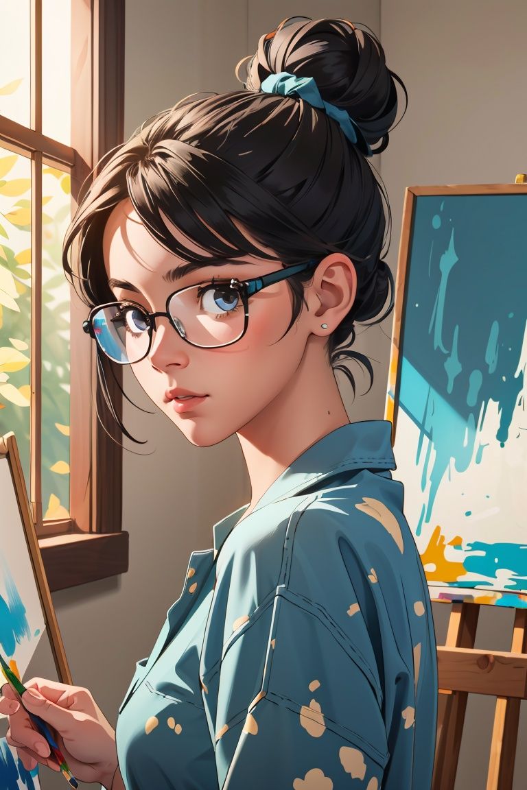 1girl painting a picture,  dappled sunlight,  indoors on Tensor.Art