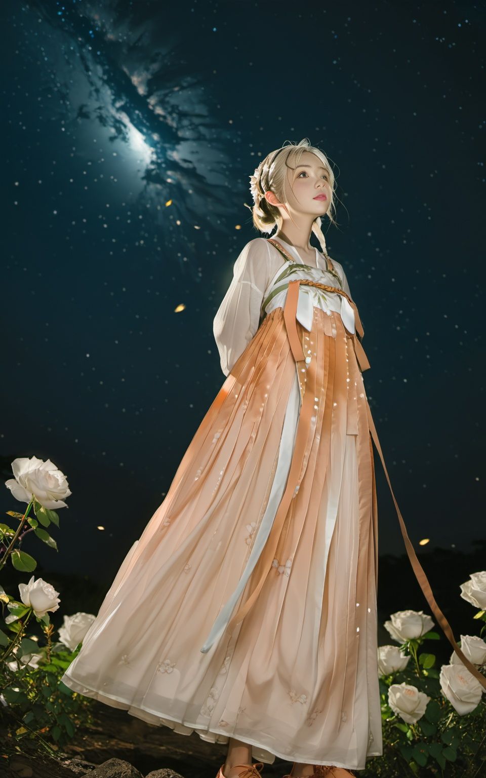 masterpiece, best quality, 1girl, white roses, petals, night sky background, fireflies, solo, standing, pixiv, cinematic composition, best lighting, looking up, <lora:hanfuTang_v40_sdxl-000018:1>, tang style outfits, white upper shan, orange chest pleated skirt, white waistband