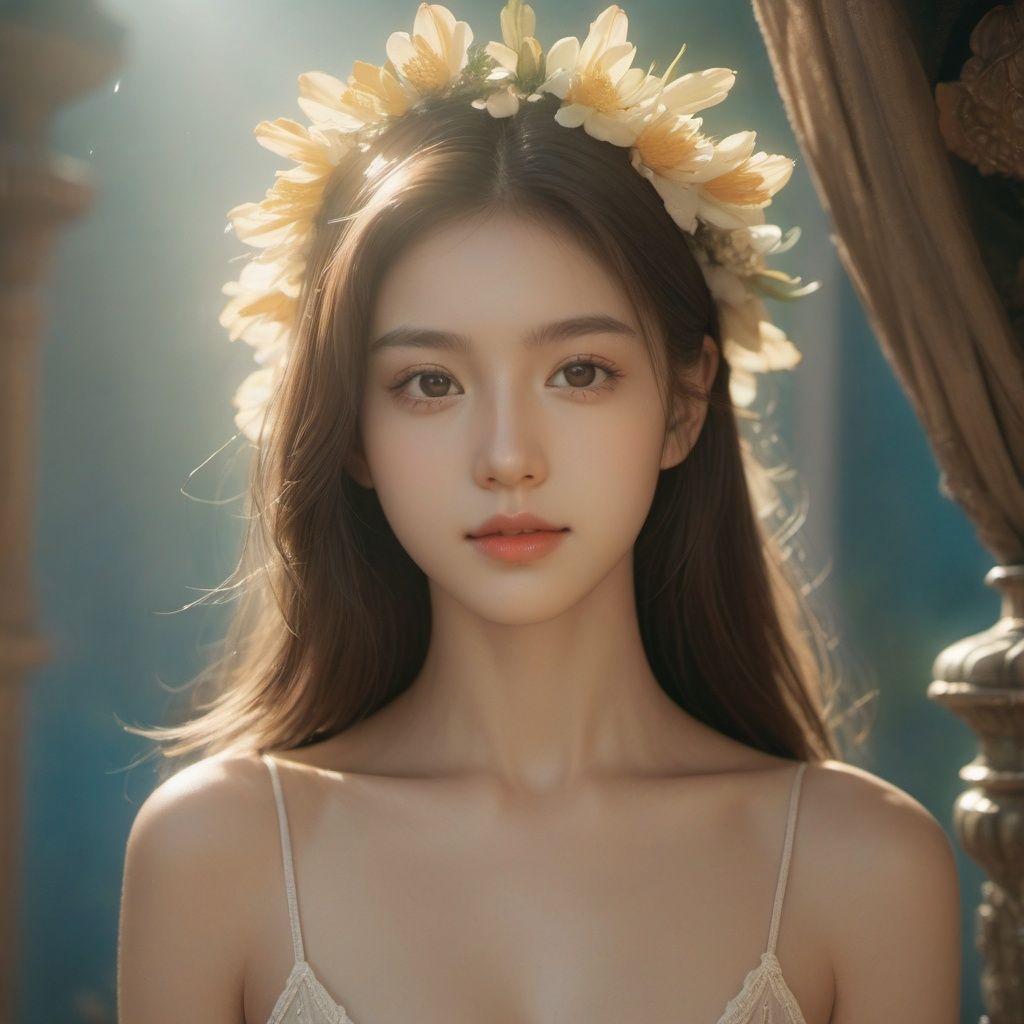 a 18 years old pretty girl with long hair and super cute sundress with a love neckline,  photorealistc,  light smile on Te...
