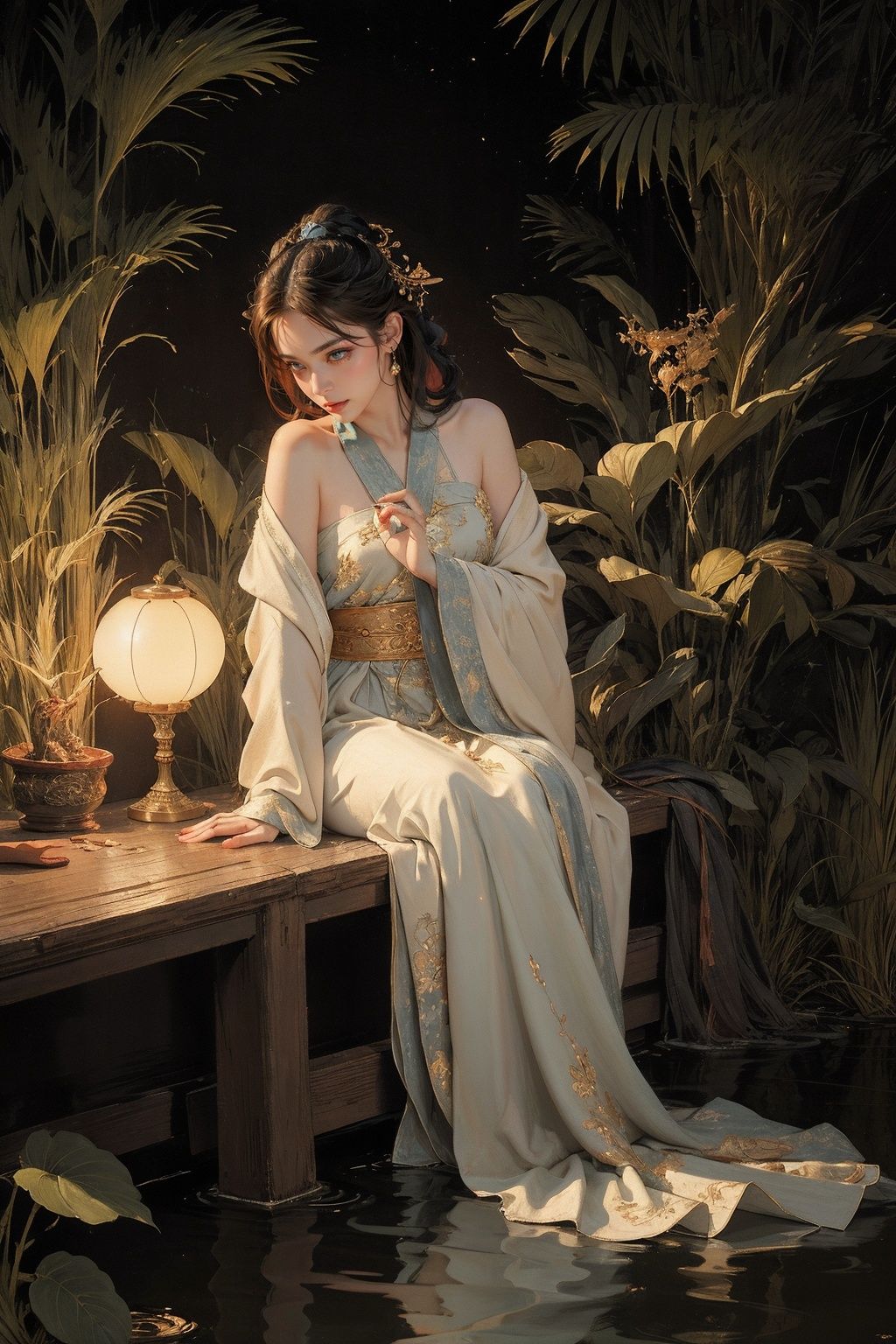 (1girl:1.4), solo,((night:1)), ((dark woods:1)), (moody  lighting), ((nude:0.75)),(((small breasts:1))), ((nymphaea:1,3)), (Glowing ambiance, enchanting radiance, luminous lighting, ethereal atmosphere, mesmerizing glow, evocative hues, captivating coloration, dramatic lighting, enchanting aura), (a girl sitting on a bench in a field of flowers, palace, a girl in hanfu, instagram contest winner, in water up to her shoulders, standing gracefully upon a lotus, inspired by Hua Yan, high priestess tarot card, full-cosplay, nymphaea), ink painting, ((moon:1)),  (masterpiece, top quality, best quality, official art, beautiful and aesthetic:1.2), extreme detailed, (chinese style:1.2),theater dance scene,(hypermaximalistic:1.5),colorful,highest detailed,<lora:anxiang:0.55>,