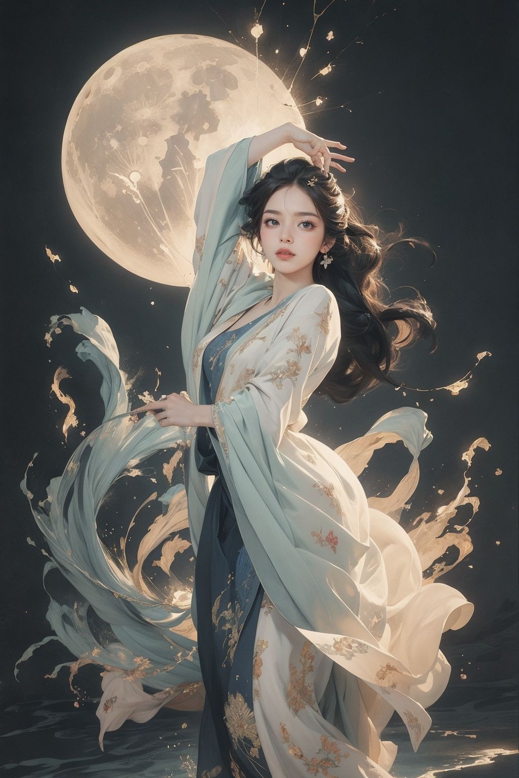 ((nude:1)),(boobs naked:0.55),  ink painting, ((moon:1)),  (masterpiece, top quality, best quality, official art, beautiful and aesthetic:1.2), (1girl:1.4), extreme detailed,(joshua middleton comic cover art:1.1), (Action painting:1.2),(concretism:1.2),theater dance scene,(hypermaximalistic:1.5),colorful,highest detailed,<lora:anxiang:0.55>,
