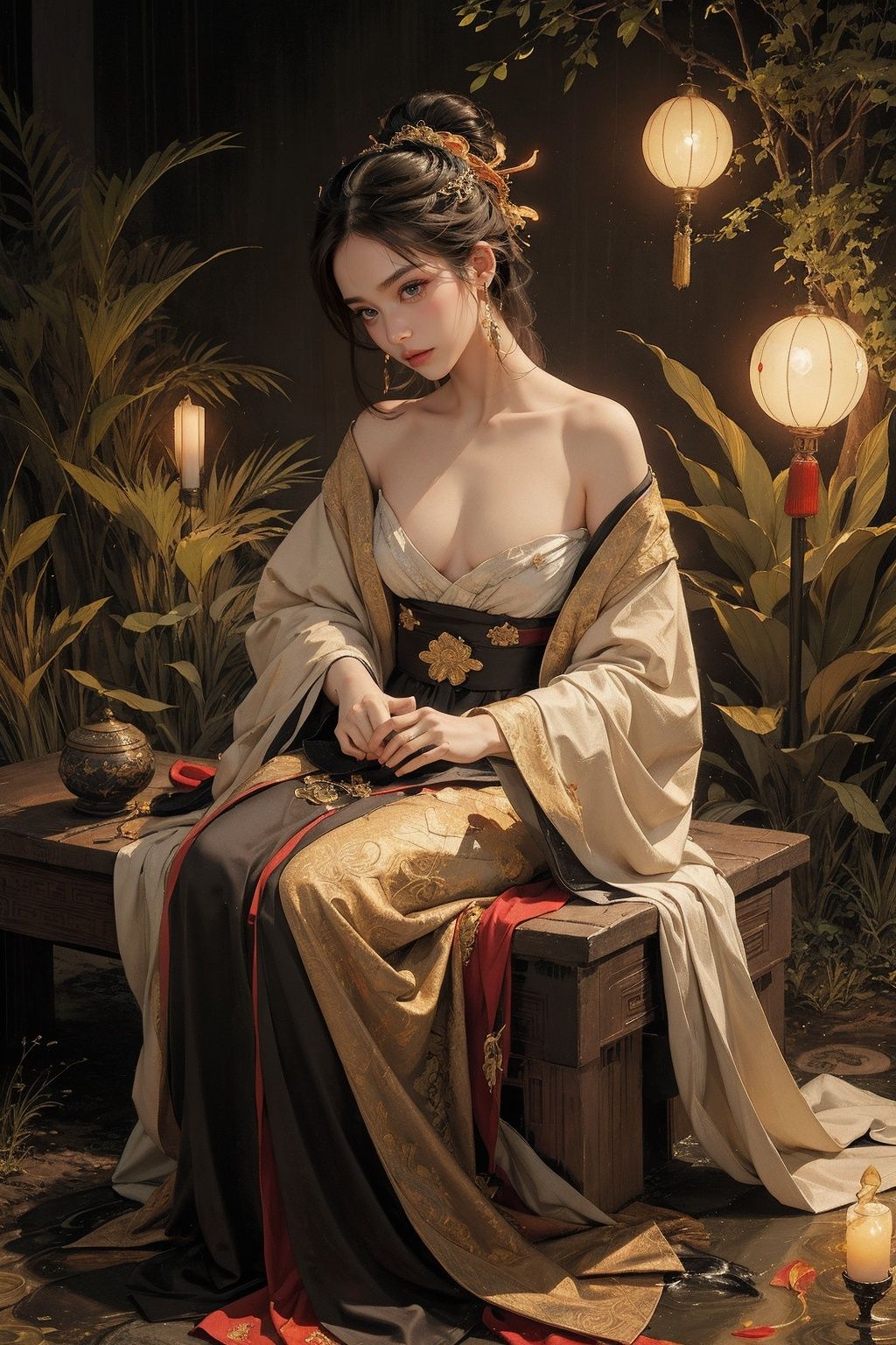 (1girl:1.4), solo,((night:1)), ((dark woods:1)), (moody  lighting), ((nude:0.75)),(((small breasts:1))), ((nymphaea:1,3)), (Glowing ambiance, enchanting radiance, luminous lighting, ethereal atmosphere, mesmerizing glow, evocative hues, captivating coloration, dramatic lighting, enchanting aura), (a girl sitting on a bench in a field of flowers, palace, a girl in hanfu, instagram contest winner, in water up to her shoulders, standing gracefully upon a lotus, inspired by Hua Yan, high priestess tarot card, full-cosplay, nymphaea), ink painting, ((moon:1)),  (masterpiece, top quality, best quality, official art, beautiful and aesthetic:1.2), extreme detailed, (chinese style:1.2),theater dance scene,(hypermaximalistic:1.5),colorful,highest detailed,<lora:anxiang:0.55>,
