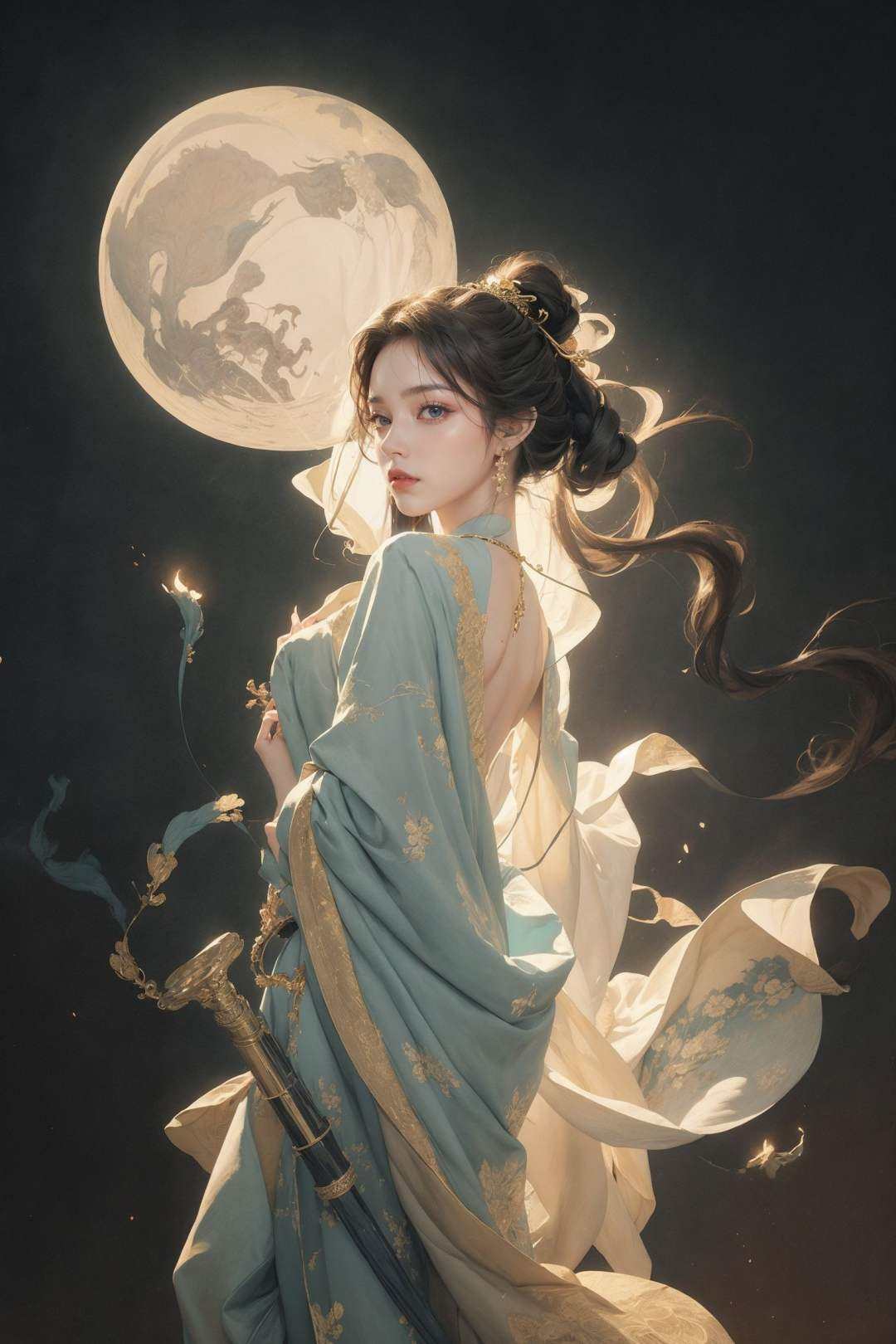 (Glowing ambiance, enchanting radiance, luminous lighting, ethereal atmosphere, mesmerizing glow, evocative hues, captivating coloration, dramatic lighting, enchanting aura),((nude:1)),(boobs naked:0.55),  ink painting, ((moon:1)),  (masterpiece, top quality, best quality, official art, beautiful and aesthetic:1.2), (1girl:1.4), extreme detailed,(joshua middleton comic cover art:1.1), (Action painting:1.2),(concretism:1.2),theater dance scene,(hypermaximalistic:1.5),colorful,highest detailed,<lora:anxiang:0.55>,