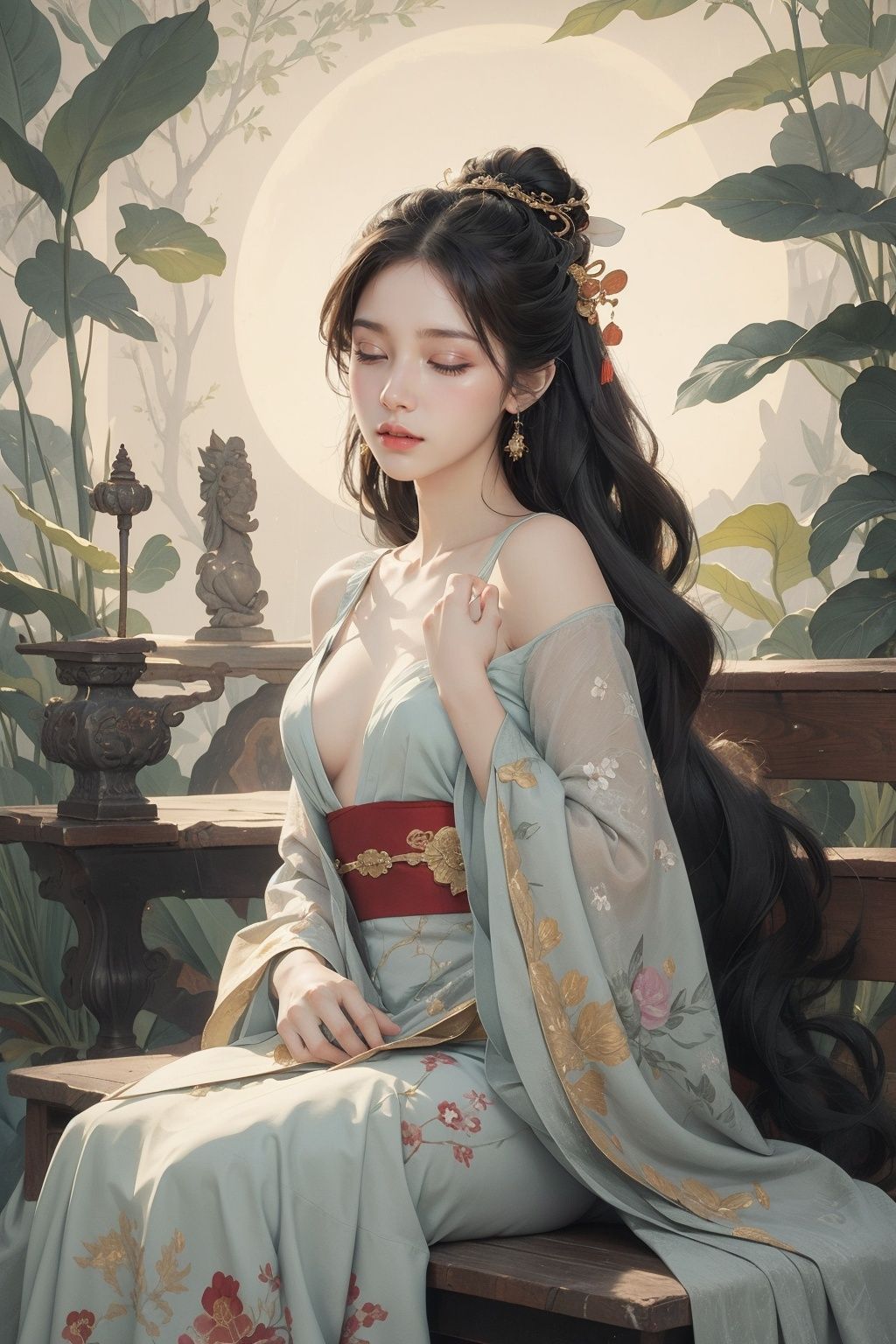 (1girl:1.4), solo,((nude:0.75)),(((small breasts:1))), ((nymphaea:1,3)), (Glowing ambiance, enchanting radiance, luminous lighting, ethereal atmosphere, mesmerizing glow, evocative hues, captivating coloration, dramatic lighting, enchanting aura), (a girl sitting on a bench in a field of flowers, palace, a girl in hanfu, instagram contest winner, in water up to her shoulders, standing gracefully upon a lotus, inspired by Hua Yan, closing eyes, high priestess tarot card, full-cosplay, nymphaea), ink painting, ((moon:1)),  (masterpiece, top quality, best quality, official art, beautiful and aesthetic:1.2), extreme detailed, (chinese style:1.2),theater dance scene,(hypermaximalistic:1.5),colorful,highest detailed,<lora:anxiang:0.55>,