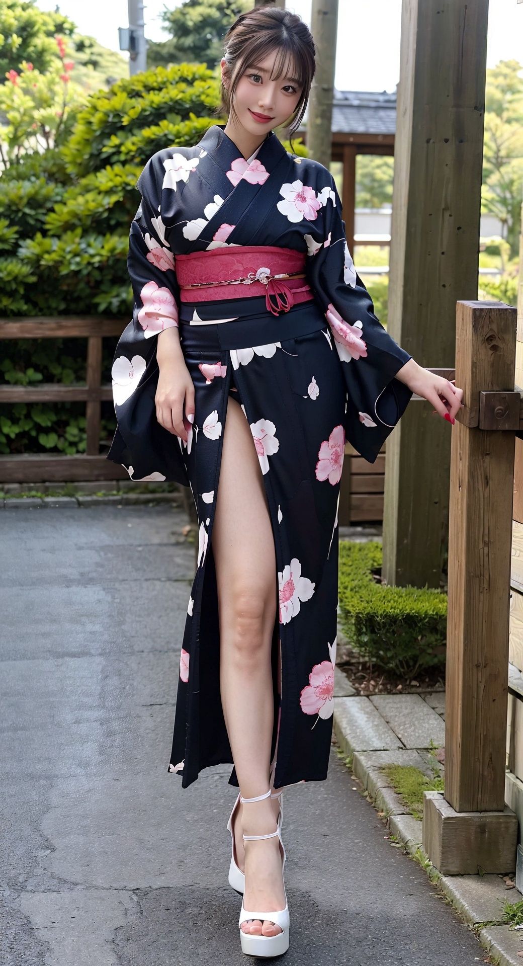 sultry lady Saika Kawakita,(curvy_hips:1),little smile,fashion,(sexy pose:1.2),dynamic,perfect body,nsfw,1GIRL,Wear Kimono,Real.,hand101,pantyhose,Heels collection,Kimono,Chain link fence,Super long legs,Long legs, <lora:EMS-14724-EMS:0.4>, <lora:EMS-14454-EMS:0.2>, <lora:EMS-15617-EMS:0.4>, <lora:EMS-15577-EMS:0.6>, <lora:EMS-14488-EMS:0.7>