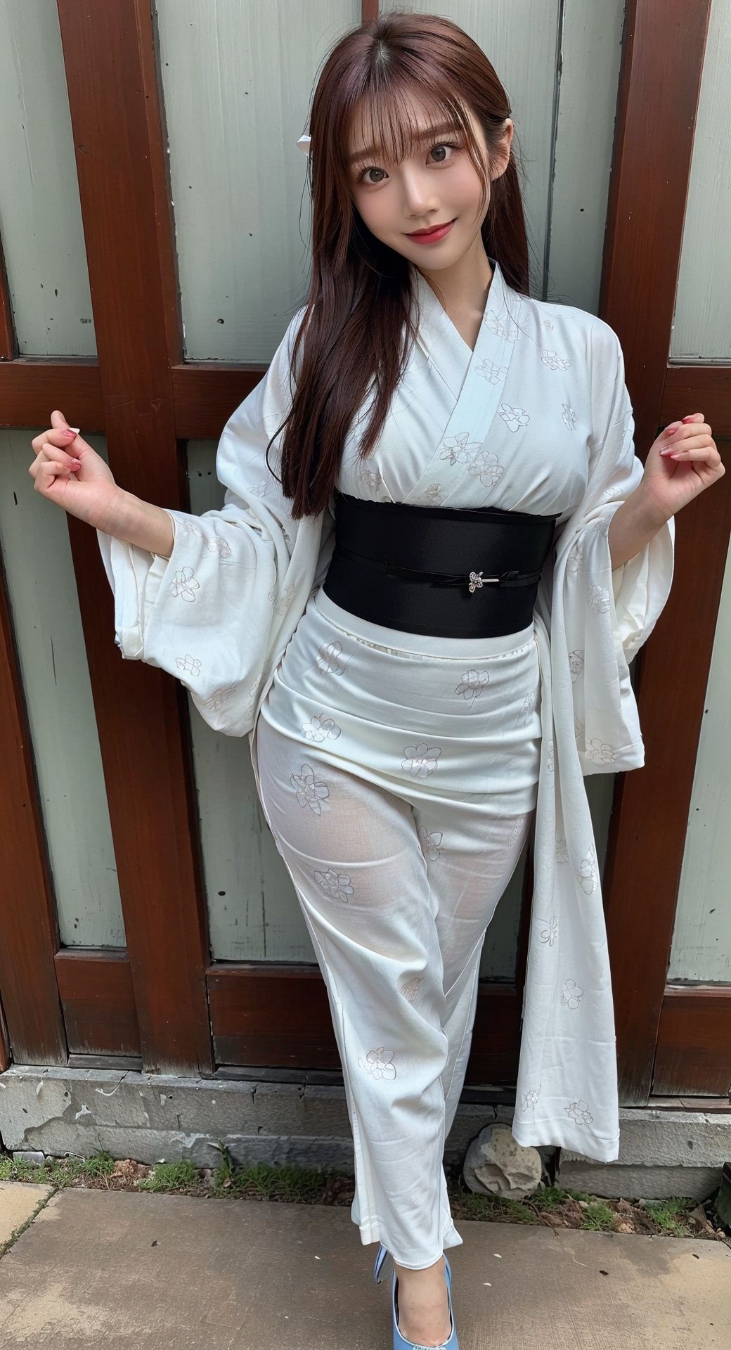 sultry lady Saika Kawakita,(curvy_hips:1),little smile,fashion,(sexy pose:1.2),dynamic,perfect body,nsfw,1GIRL,Wear Kimono,Real.,hand101,pantyhose,Heels collection,Kimono,Chain link fence, <lora:EMS-14488-EMS:0.7>, <lora:EMS-14724-EMS:0.4>, <lora:EMS-15617-EMS:0.4>, <lora:EMS-15577-EMS:0.6>