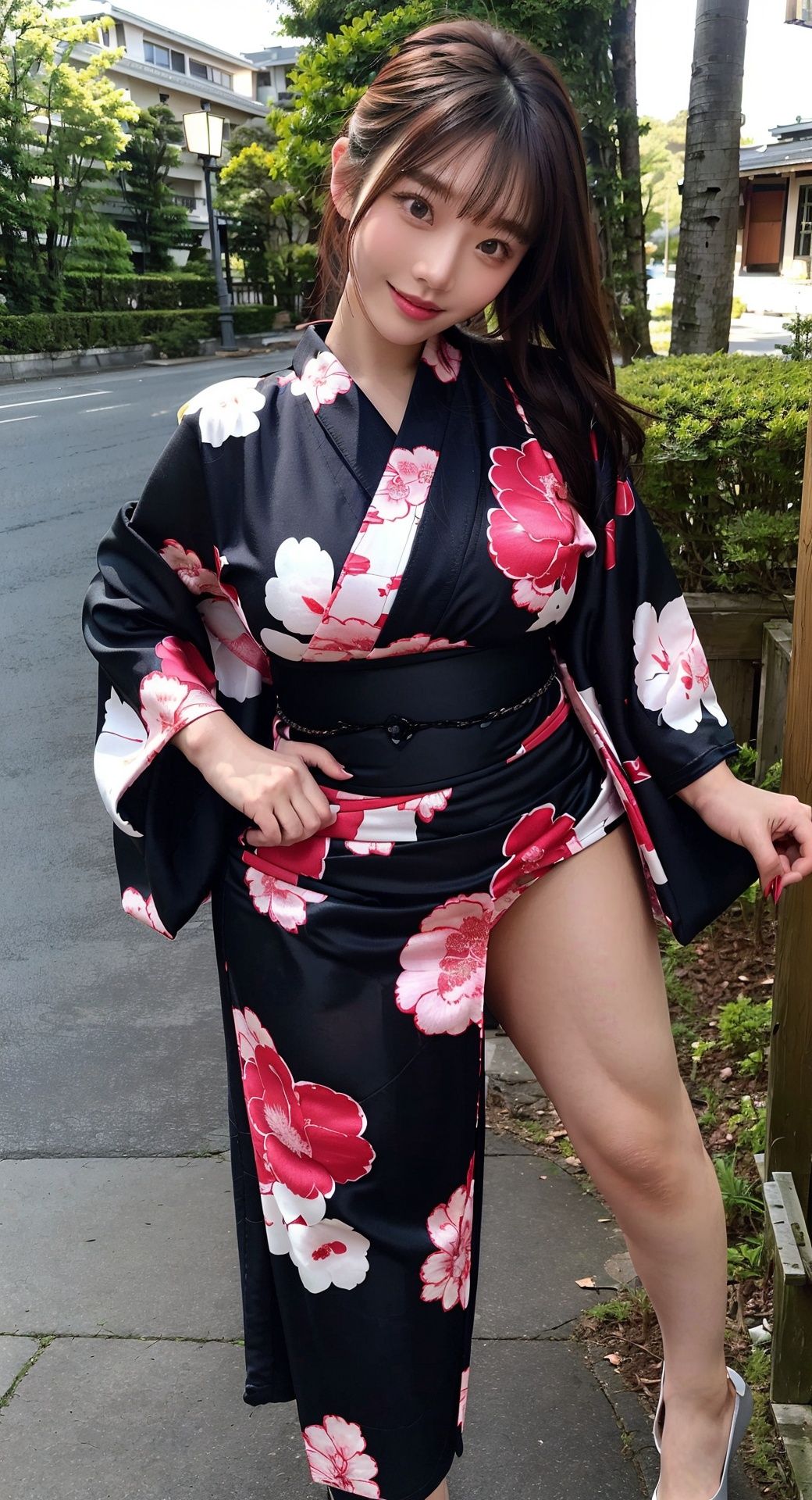 sultry lady Saika Kawakita,(curvy_hips:1),little smile,fashion,(sexy pose:1.2),dynamic,perfect body,nsfw,1GIRL,Wear Kimono,Real.,hand101,pantyhose,Heels collection,Kimono,Chain link fence,Super long legs,Long legs, <lora:EMS-14724-EMS:0.4>, <lora:EMS-14454-EMS:0.2>, <lora:EMS-15617-EMS:0.4>, <lora:EMS-15577-EMS:0.6>, <lora:EMS-14488-EMS:0.7>