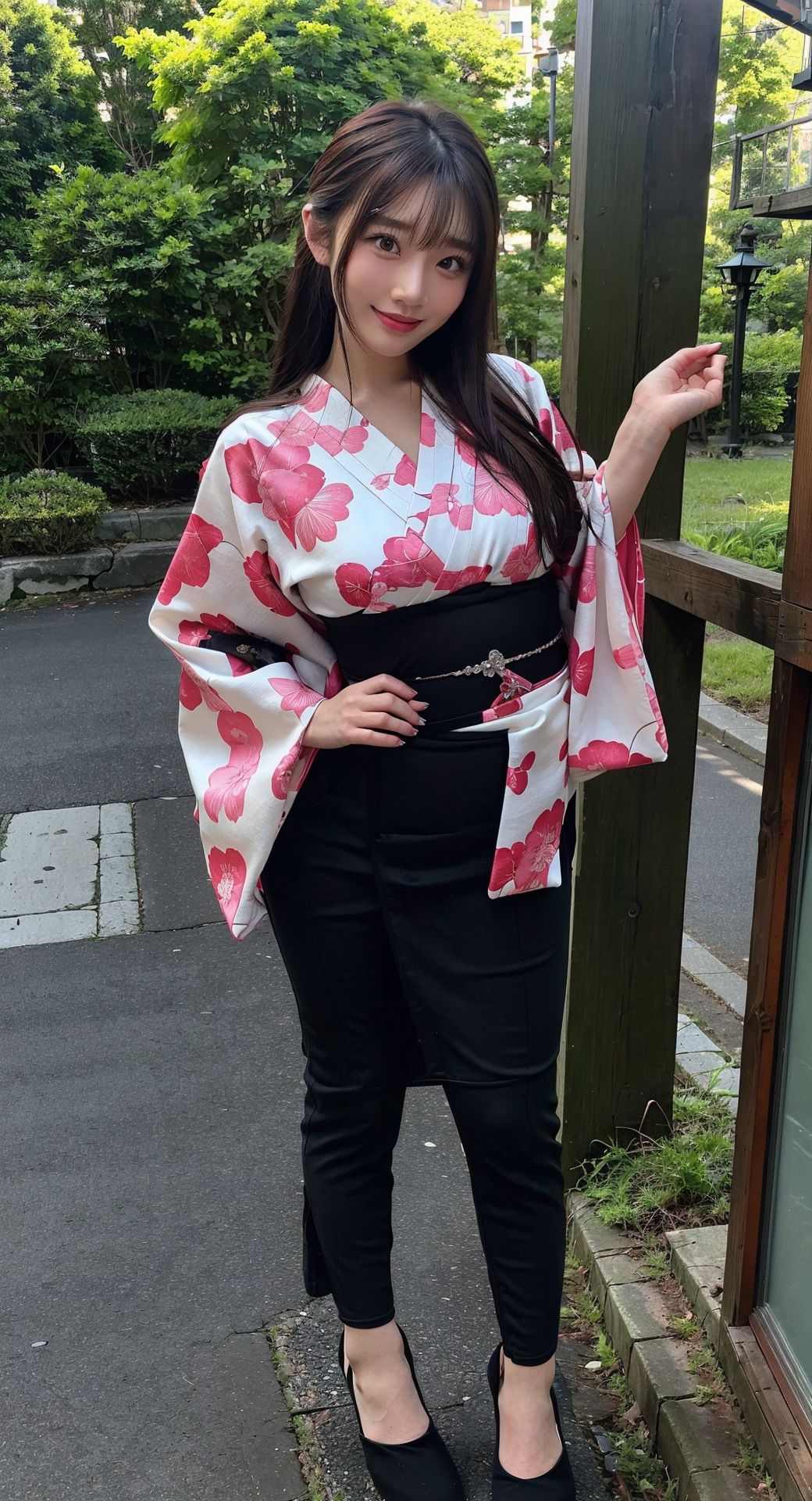 sultry lady Saika Kawakita,(curvy_hips:1),little smile,fashion,(sexy pose:1.2),dynamic,perfect body,nsfw,1GIRL,Wear Kimono,Real.,hand101,pantyhose,Heels collection,Kimono,Chain link fence, <lora:EMS-14488-EMS:0.7>, <lora:EMS-14724-EMS:0.4>, <lora:EMS-15617-EMS:0.4>, <lora:EMS-15577-EMS:0.6>