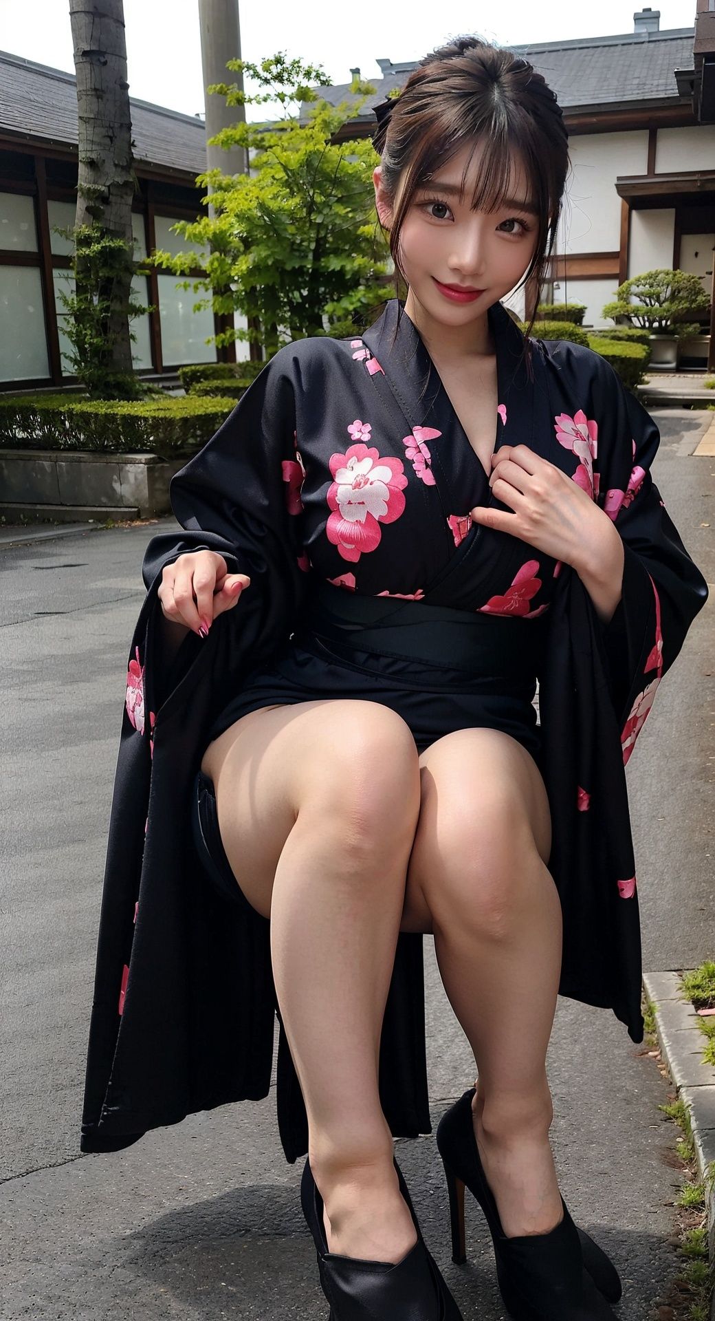 sultry lady Saika Kawakita,(curvy_hips:1),little smile,fashion,(sexy pose:1.2),dynamic,perfect body,nsfw,1GIRL,Wear Kimono,Real.,hand101,pantyhose,Heels collection,Kimono,Chain link fence, <lora:EMS-15617-EMS:0.4>, <lora:EMS-15577-EMS:0.6>, <lora:EMS-14488-EMS:0.7>, <lora:EMS-14724-EMS:0.4>