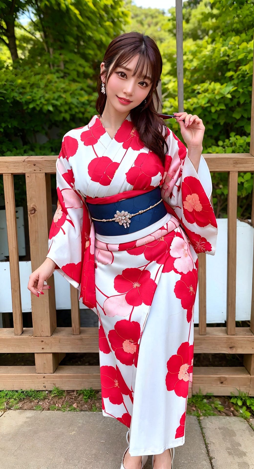 sultry lady Saika Kawakita,(curvy_hips:1),little smile,fashion,(sexy pose:1.2),dynamic,perfect body,nsfw,1GIRL,Wear Kimono,Real.,hand101,pantyhose,Heels collection,Kimono,Chain link fence, <lora:EMS-14488-EMS:0.7>, <lora:EMS-14724-EMS:0.4>, <lora:EMS-15617-EMS:0.4>, <lora:EMS-15577-EMS:0.6>