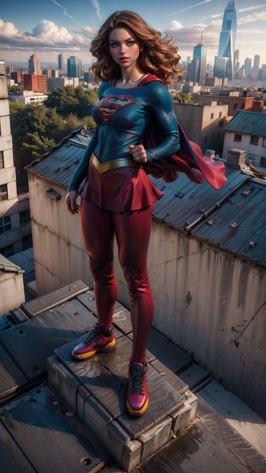 a hero supergirl ,25 age, green eyes, long brown hair, full outfit, yoga pants, sport figure, full body, standing on the roof a skyscraper, big boobs,Nipple_rings,supergirl, <lora:EMS-14413-EMS:1.2>, <lora:EMS-8358-EMS:0.6>, <lora:EMS-15581-EMS:0.8>, <lora:EMS-12498-EMS:0.8>