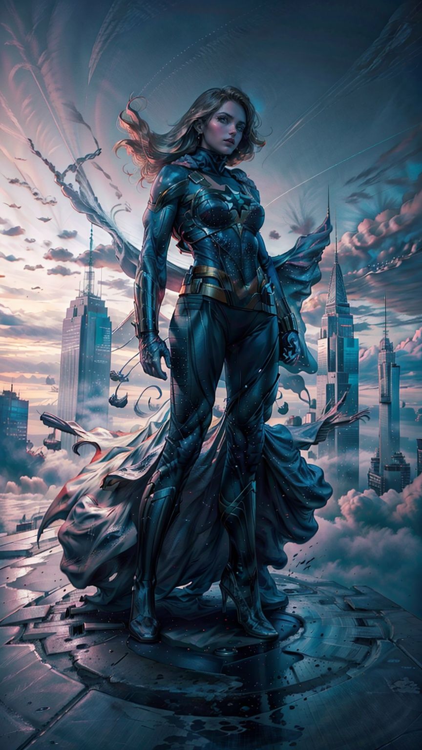 a hero supergirl ,25 age, green eyes, long brown hair, full outfit, yoga pants, sport figure, full body, standing on the roof a skyscraper, big boobs,Nipple_rings,supergirl. Red long leg boots., <lora:EMS-14413-EMS:1.2>, <lora:EMS-8358-EMS:0.9>, <lora:EMS-15581-EMS:0.9>, <lora:EMS-20887-EMS:0.8>