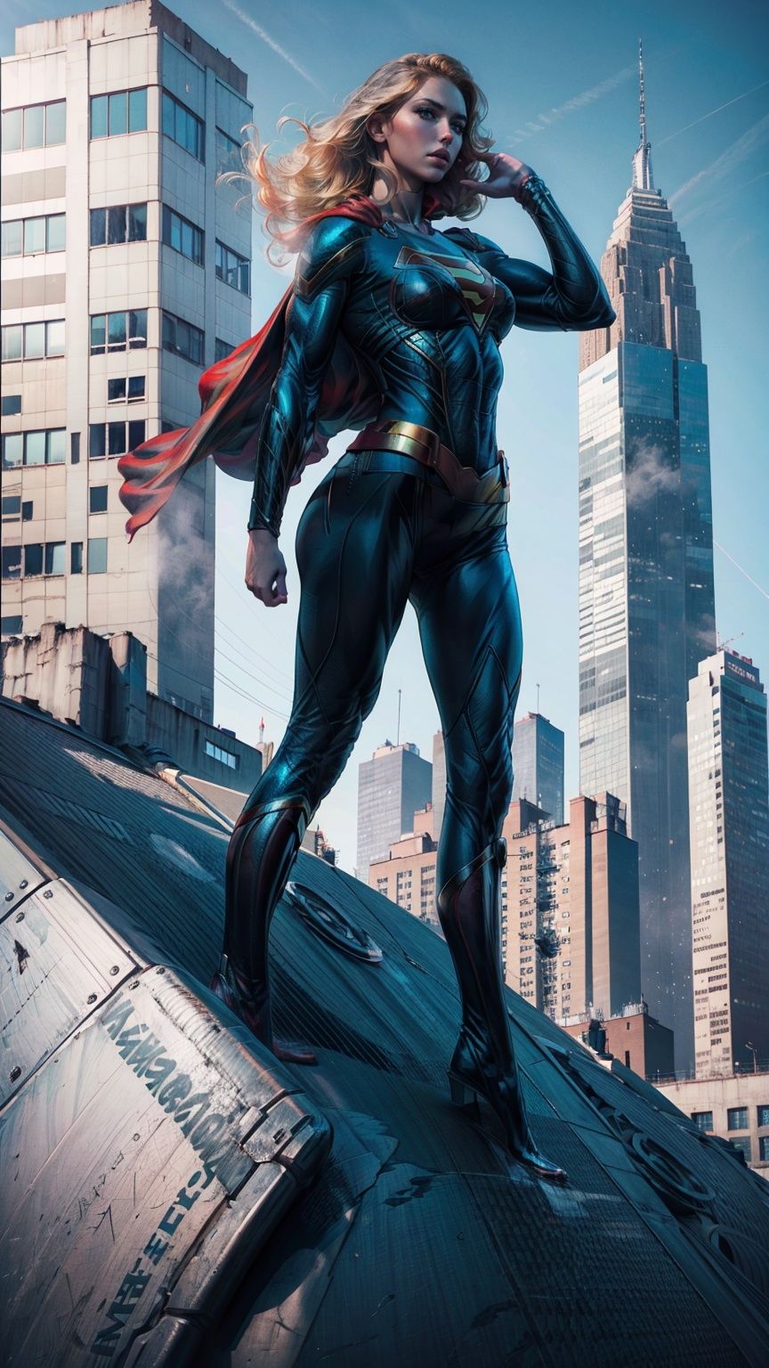 a hero supergirl ,25 age, green eyes, long brown hair, full outfit, yoga pants, sport figure, full body, standing on the roof a skyscraper, big boobs,Nipple_rings,supergirl. Red long leg boots., <lora:EMS-14413-EMS:1.2>, <lora:EMS-8358-EMS:0.9>, <lora:EMS-15581-EMS:0.9>, <lora:EMS-20887-EMS:0.8>