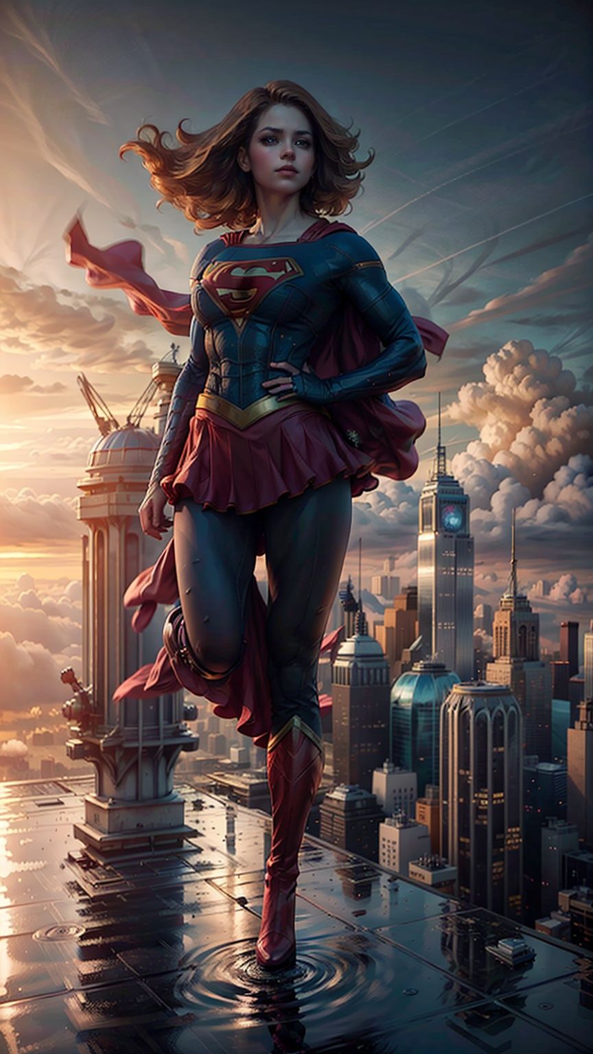 a hero supergirl ,25 age, green eyes, long brown hair, full outfit, yoga pants, sport figure, full body, standing on the roof a skyscraper, big boobs,Nipple_rings,supergirl. Red long leg boots., <lora:EMS-14413-EMS:1.2>, <lora:EMS-8358-EMS:0.9>, <lora:EMS-15581-EMS:0.9>, <lora:EMS-12498-EMS:0.5>