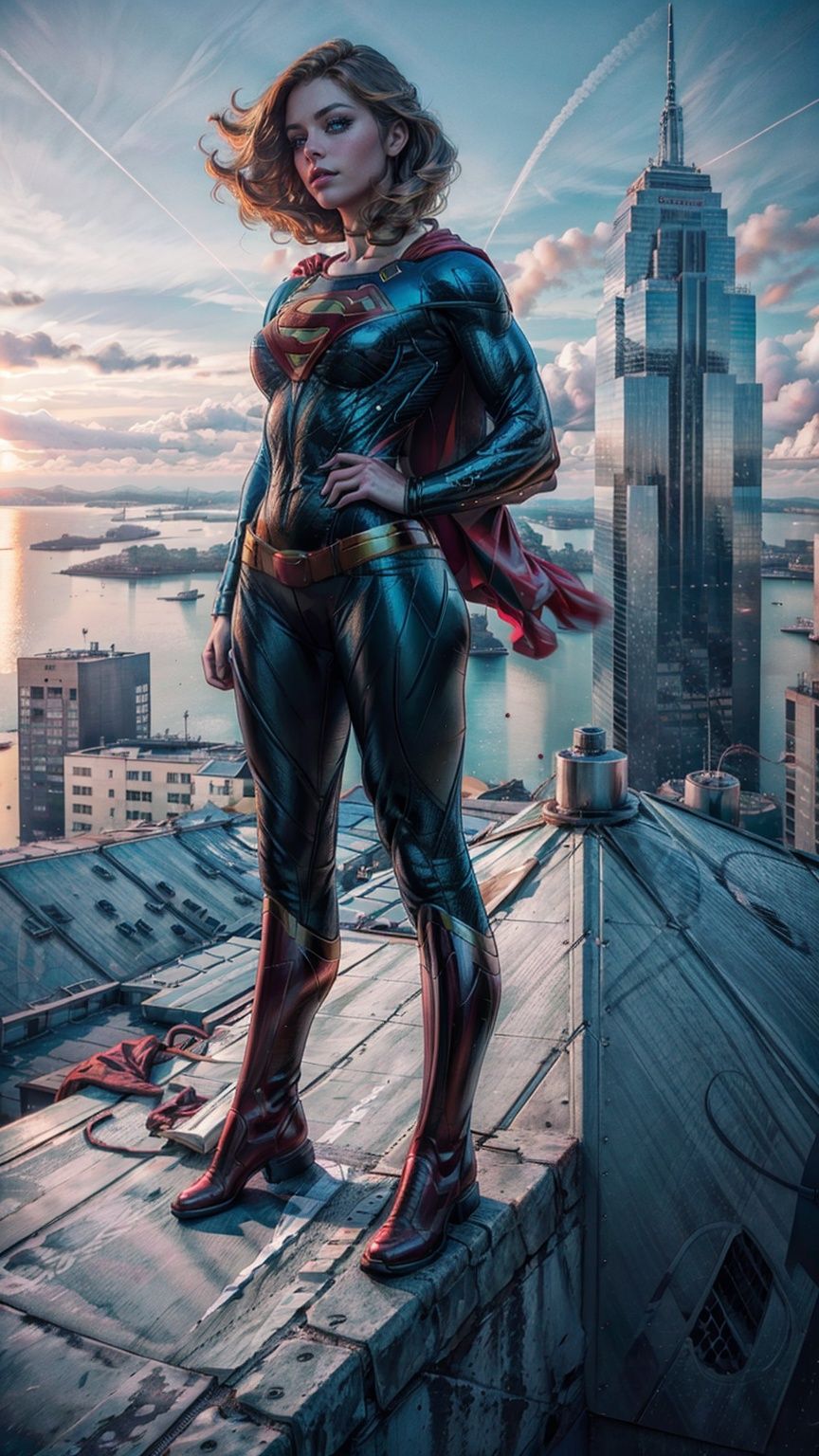 a hero supergirl ,25 age, green eyes, long brown hair, full outfit, yoga pants, sport figure, full body, standing on the roof a skyscraper, big boobs,Nipple_rings,supergirl. Red long leg boots., <lora:EMS-14413-EMS:1.2>, <lora:EMS-8358-EMS:0.9>, <lora:EMS-15581-EMS:0.9>, <lora:EMS-20887-EMS:0.8>