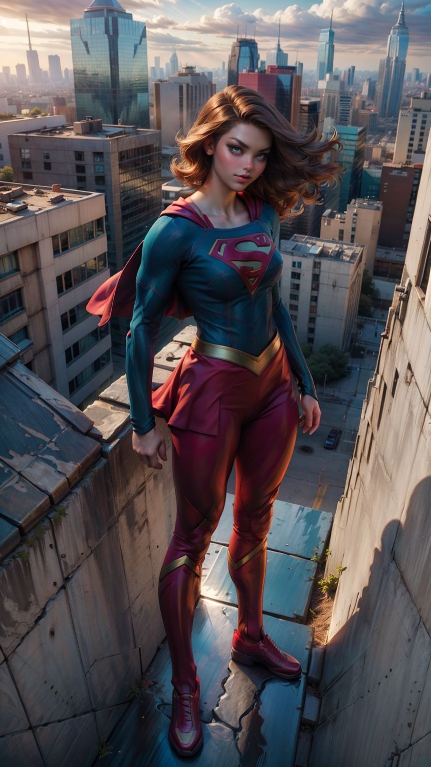 a hero supergirl ,25 age, green eyes, long brown hair, full outfit, yoga pants, sport figure, full body, standing on the roof a skyscraper, big boobs,Nipple_rings,supergirl, <lora:EMS-8358-EMS:0.6>, <lora:EMS-15581-EMS:0.8>, <lora:EMS-12498-EMS:0.8>, <lora:EMS-14413-EMS:1.2>