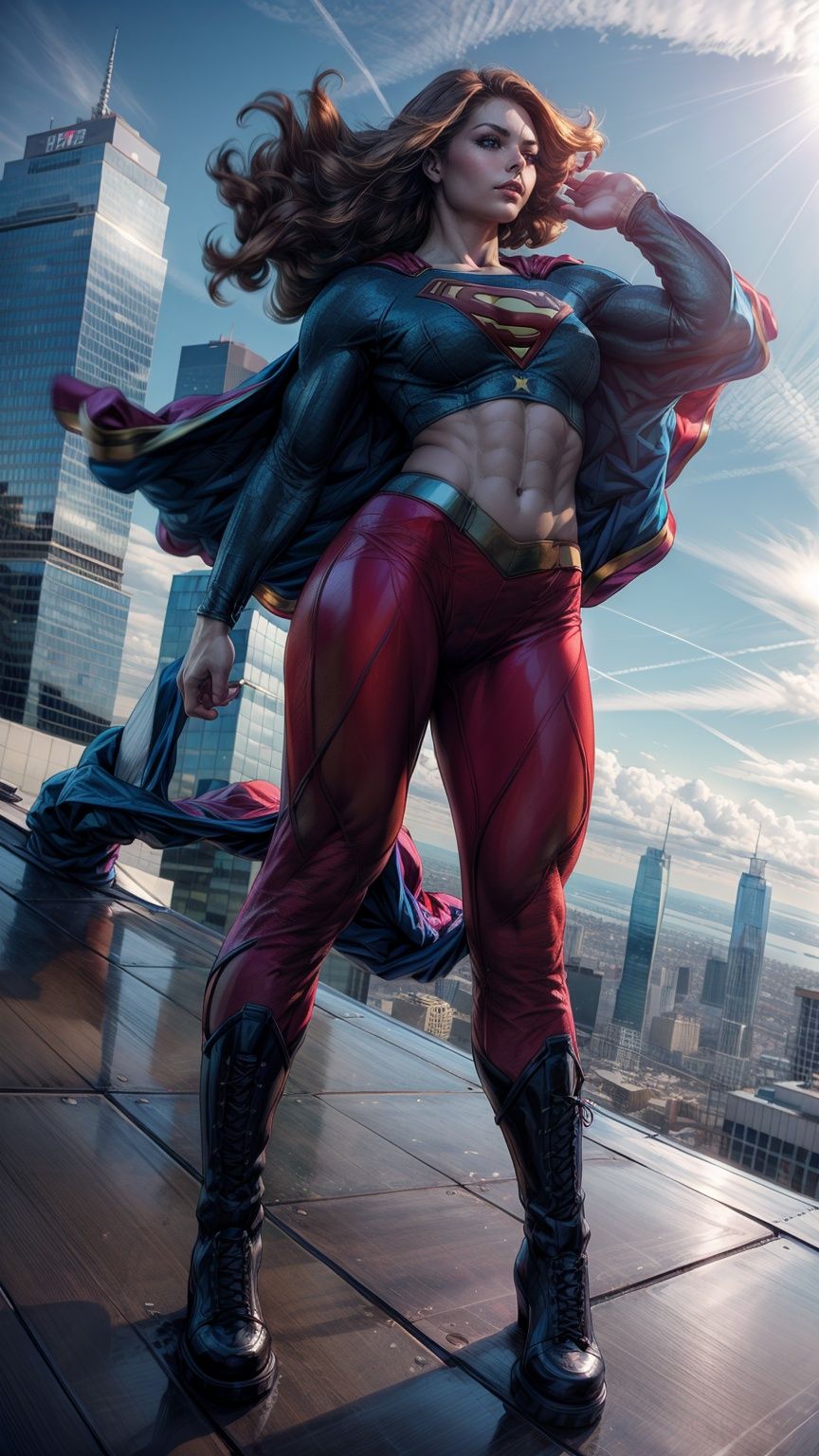 a hero supergirl ,25 age, green eyes, long brown hair, full outfit, yoga pants, sport figure, full body, standing on the roof a skyscraper, big boobs,Nipple_rings,supergirl. Red long leg boots., <lora:EMS-14413-EMS:1.2>, <lora:EMS-8358-EMS:0.9>, <lora:EMS-15581-EMS:0.9>, <lora:EMS-12498-EMS:0.5>