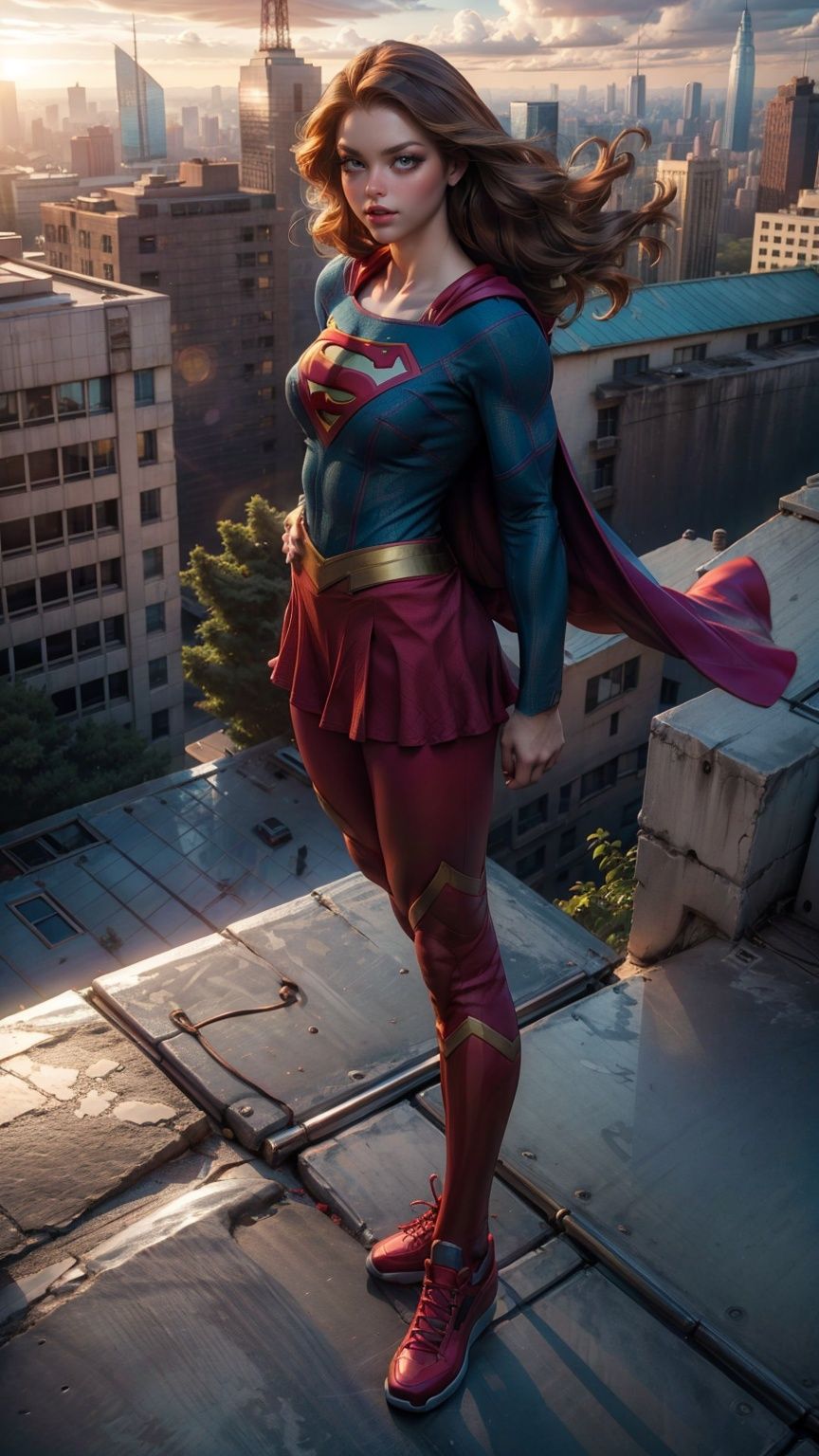 a hero supergirl ,25 age, green eyes, long brown hair, full outfit, yoga pants, sport figure, full body, standing on the roof a skyscraper, big boobs,Nipple_rings,supergirl, <lora:EMS-14413-EMS:1.2>, <lora:EMS-8358-EMS:0.6>, <lora:EMS-15581-EMS:0.8>, <lora:EMS-12498-EMS:0.8>