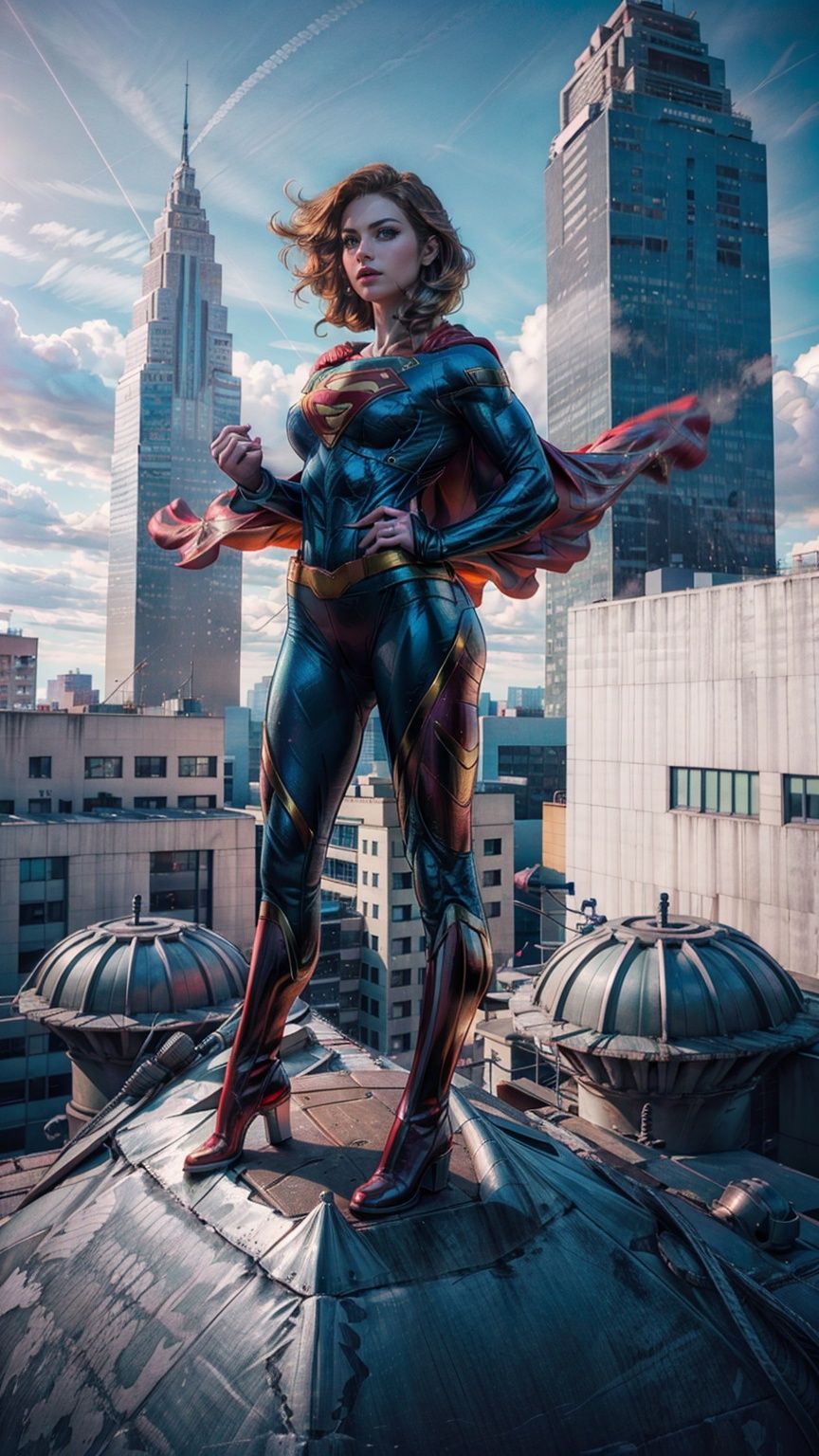 a hero supergirl ,25 age, green eyes, long brown hair, full outfit, yoga pants, sport figure, full body, standing on the roof a skyscraper, big boobs,Nipple_rings,supergirl. Red long leg boots., <lora:EMS-14413-EMS:1.2>, <lora:EMS-8358-EMS:0.9>, <lora:EMS-15581-EMS:0.9>, <lora:EMS-20887-EMS:0.8>