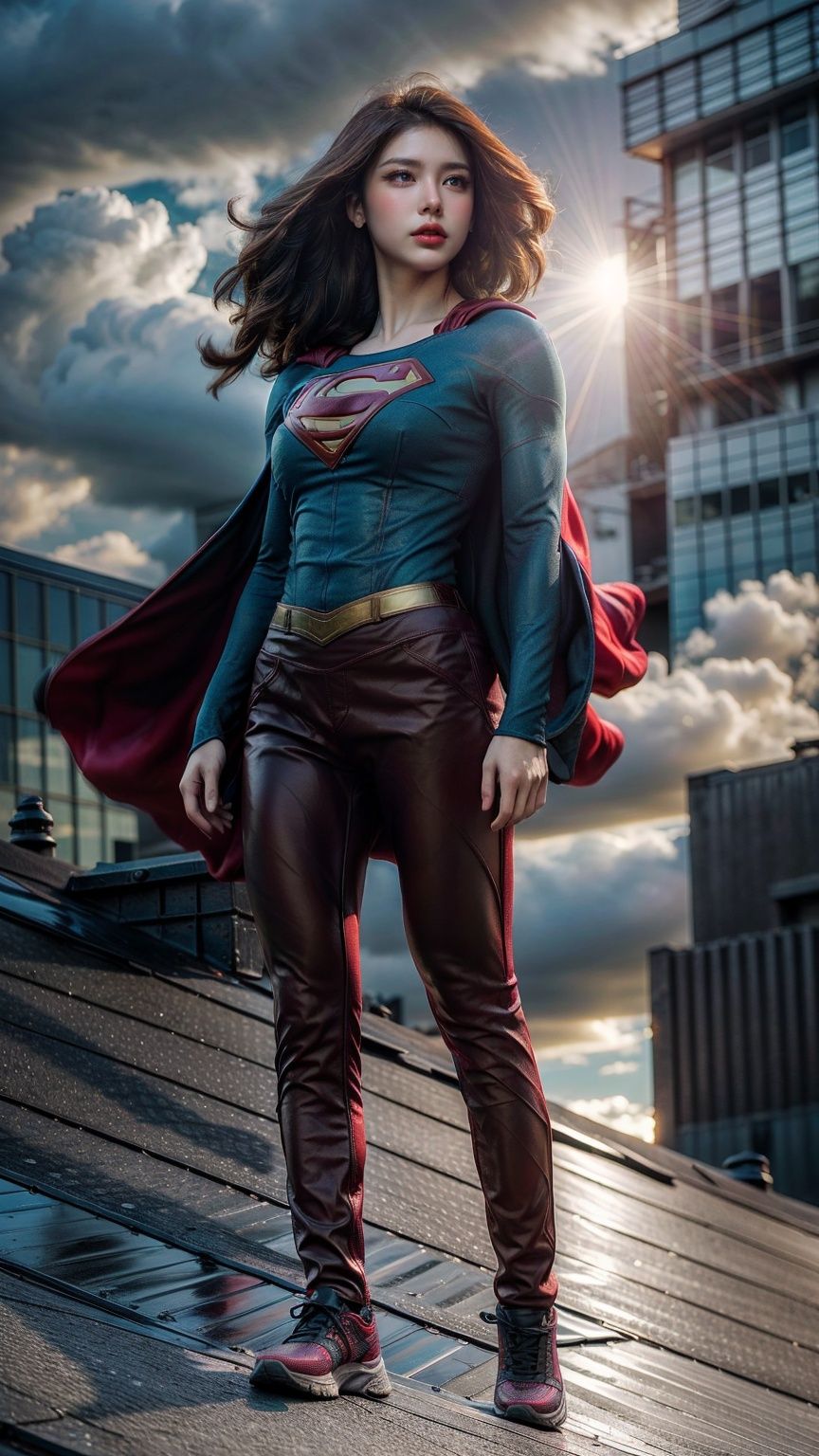 a hero supergirl ,25 age, green eyes, long brown hair, full outfit, yoga pants, sport figure, full body, standing on the roof a skyscraper, big boobs,Nipple_rings,supergirl, <lora:EMS-15581-EMS:0.9>, <lora:EMS-12498-EMS:0.5>, <lora:EMS-14413-EMS:1.2>, <lora:EMS-8358-EMS:0.9>