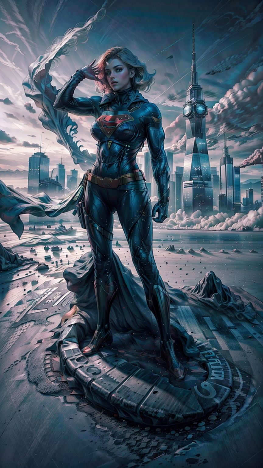 a hero supergirl ,25 age, green eyes, long brown hair, full outfit, yoga pants, sport figure, full body, standing on the roof a skyscraper, big boobs,Nipple_rings,supergirl. Red long leg boots., <lora:EMS-14413-EMS:1.2>, <lora:EMS-8358-EMS:0.9>, <lora:EMS-15581-EMS:0.9>, <lora:EMS-20887-EMS:0.8>